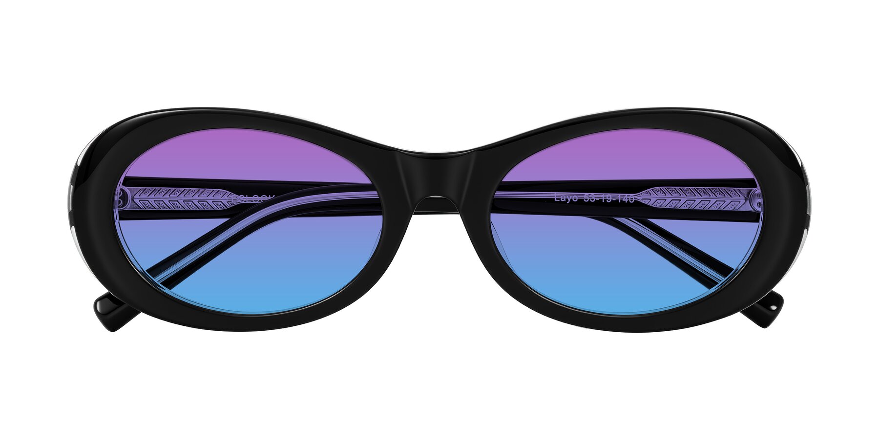 Folded Front of Layo in Black/Clear with Purple / Blue Gradient Lenses