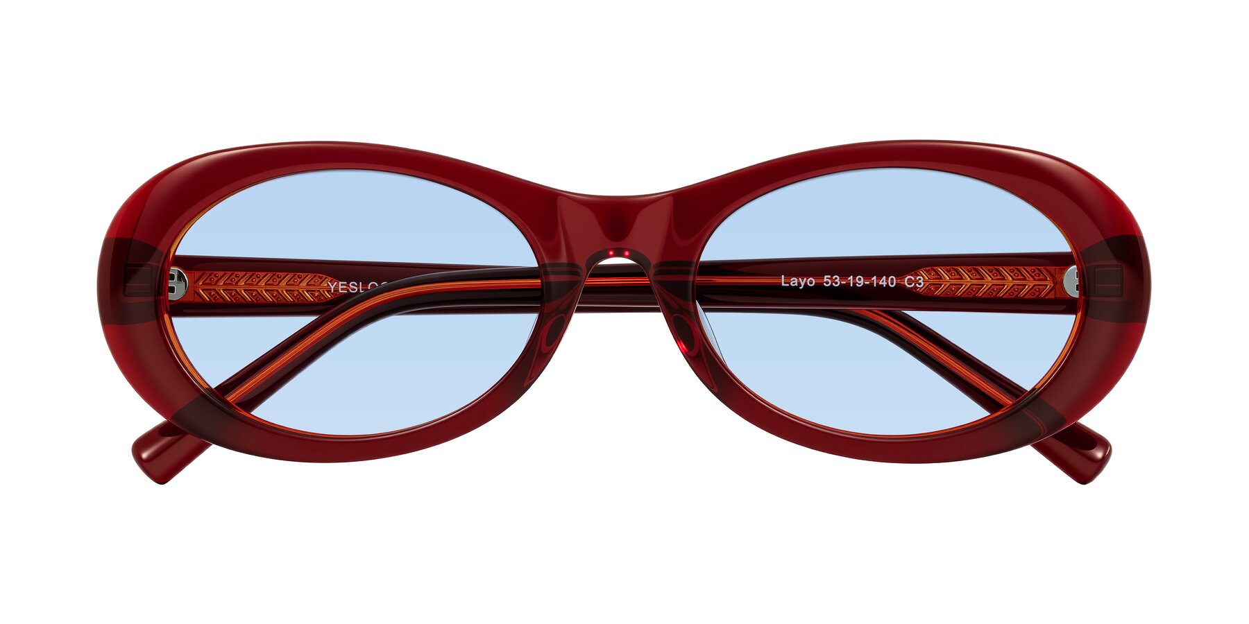 Folded Front of Layo in Wine with Light Blue Tinted Lenses