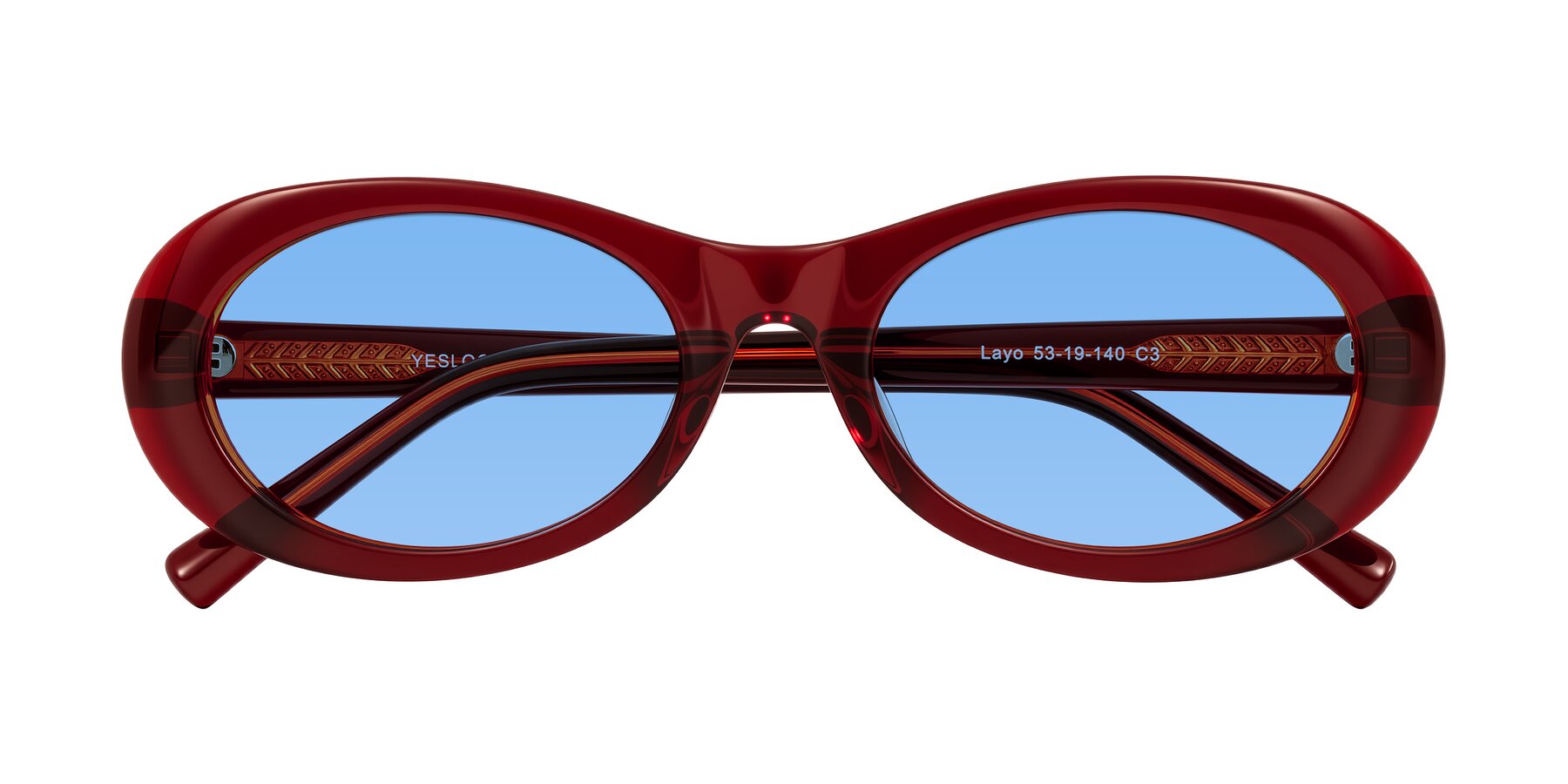Folded Front of Layo in Wine with Medium Blue Tinted Lenses