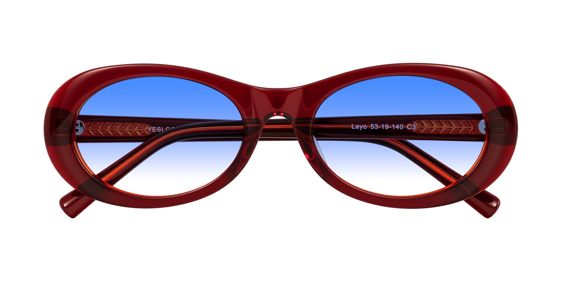 Folded Front of Layo in Wine with Blue Gradient Lenses
