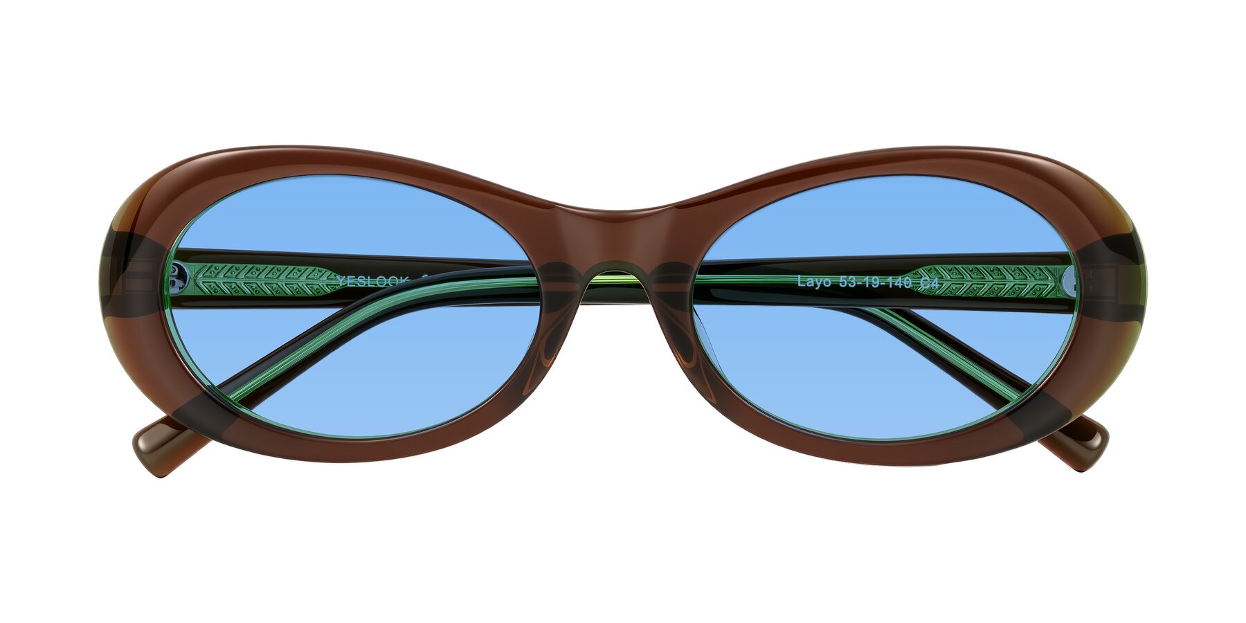Folded Front of Layo in Brown/Green with Medium Blue Tinted Lenses
