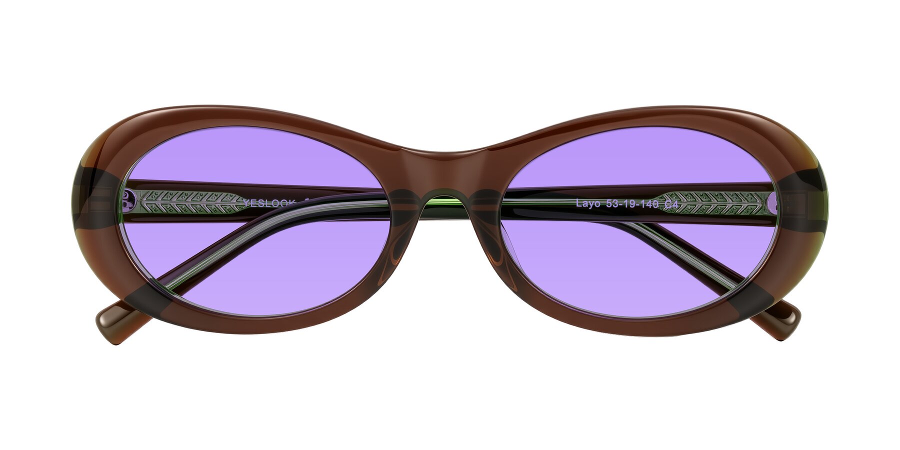 Folded Front of Layo in Brown/Green with Medium Purple Tinted Lenses