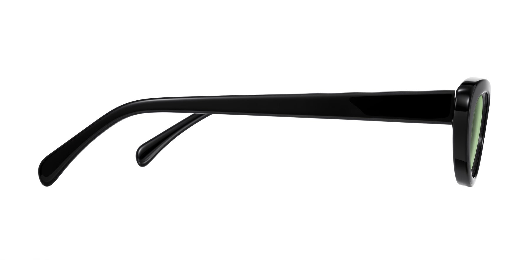 Side of Baggot in Black with Medium Green Tinted Lenses