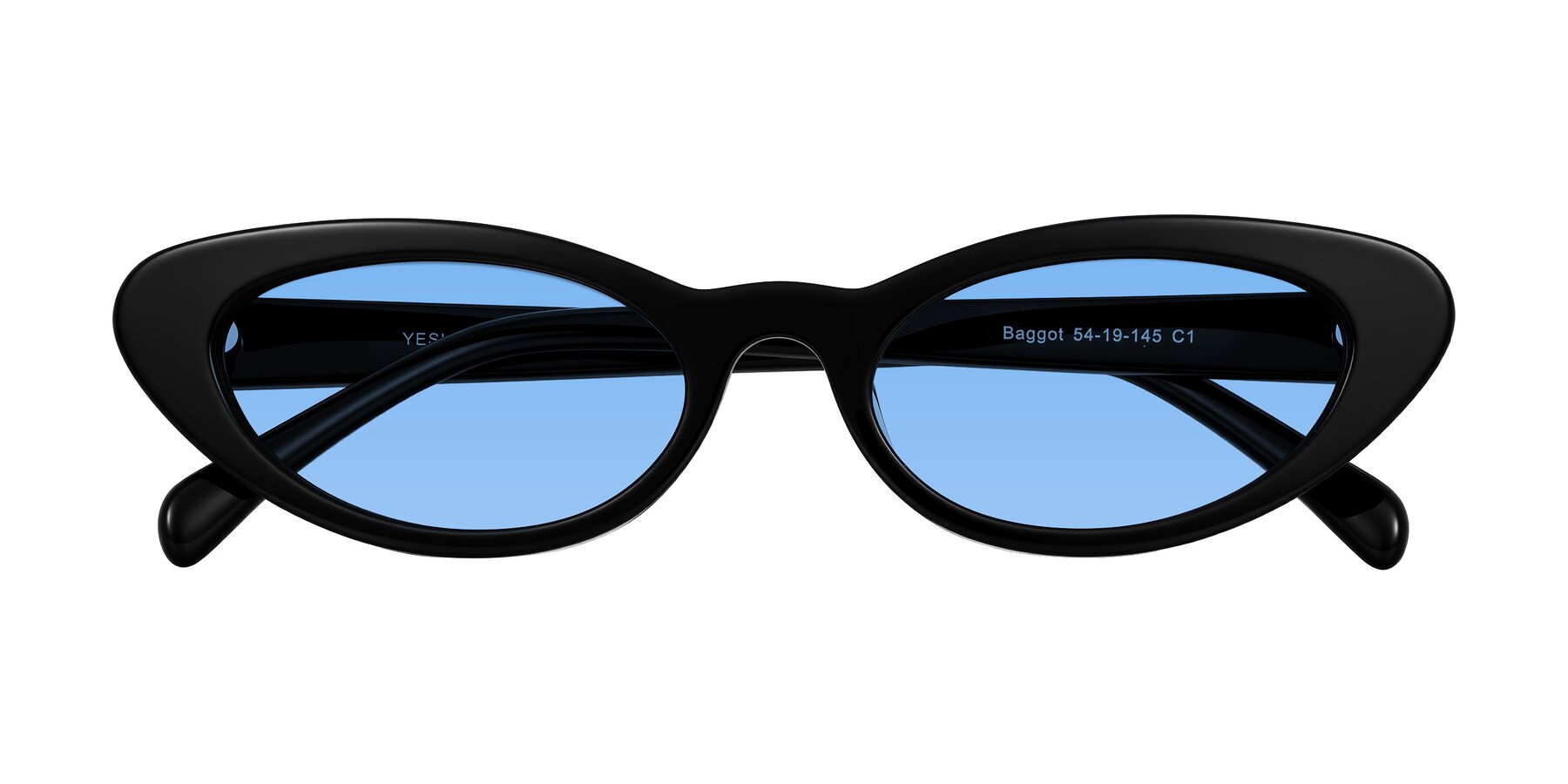Folded Front of Baggot in Black with Medium Blue Tinted Lenses
