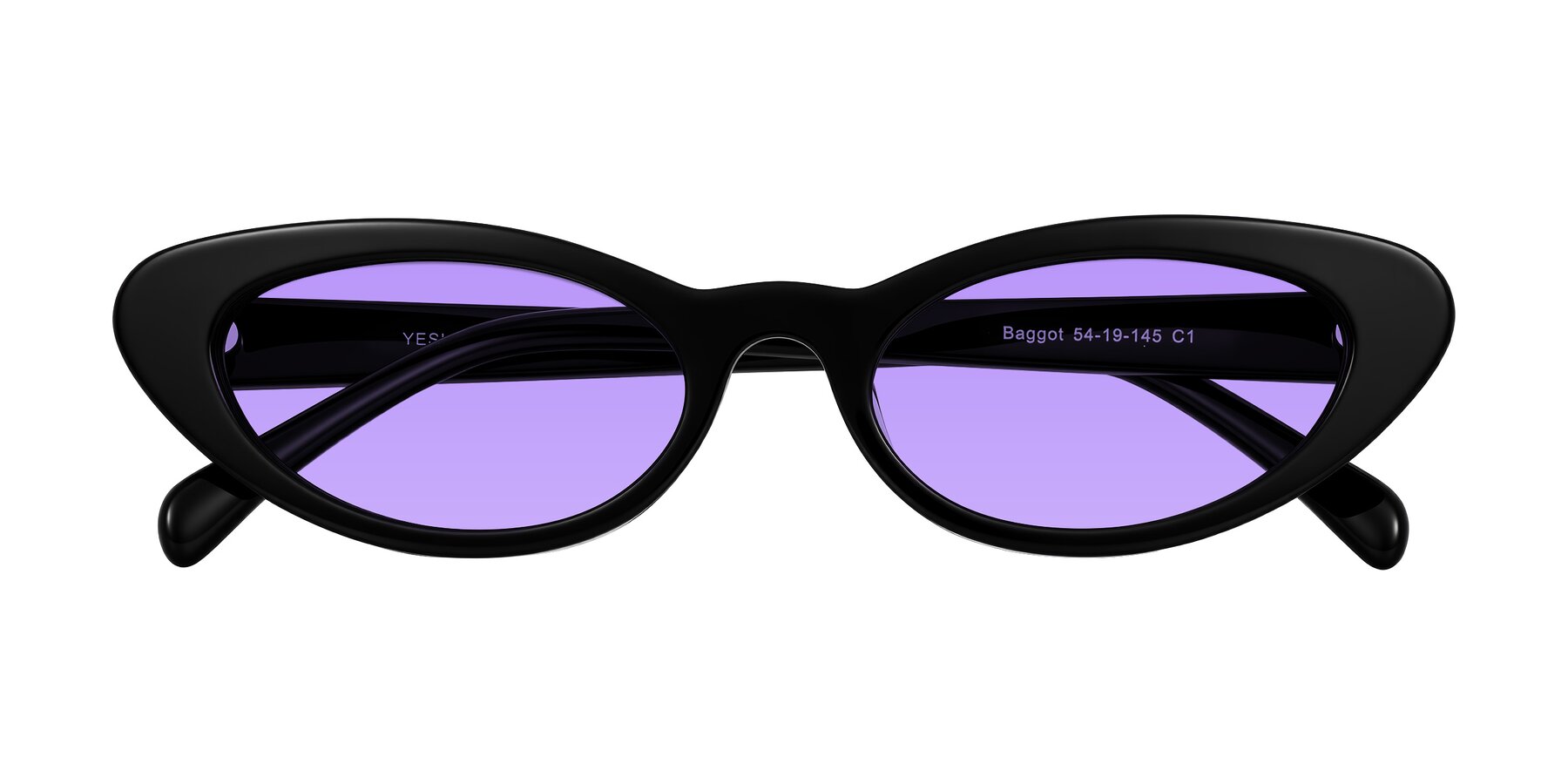 Folded Front of Baggot in Black with Medium Purple Tinted Lenses