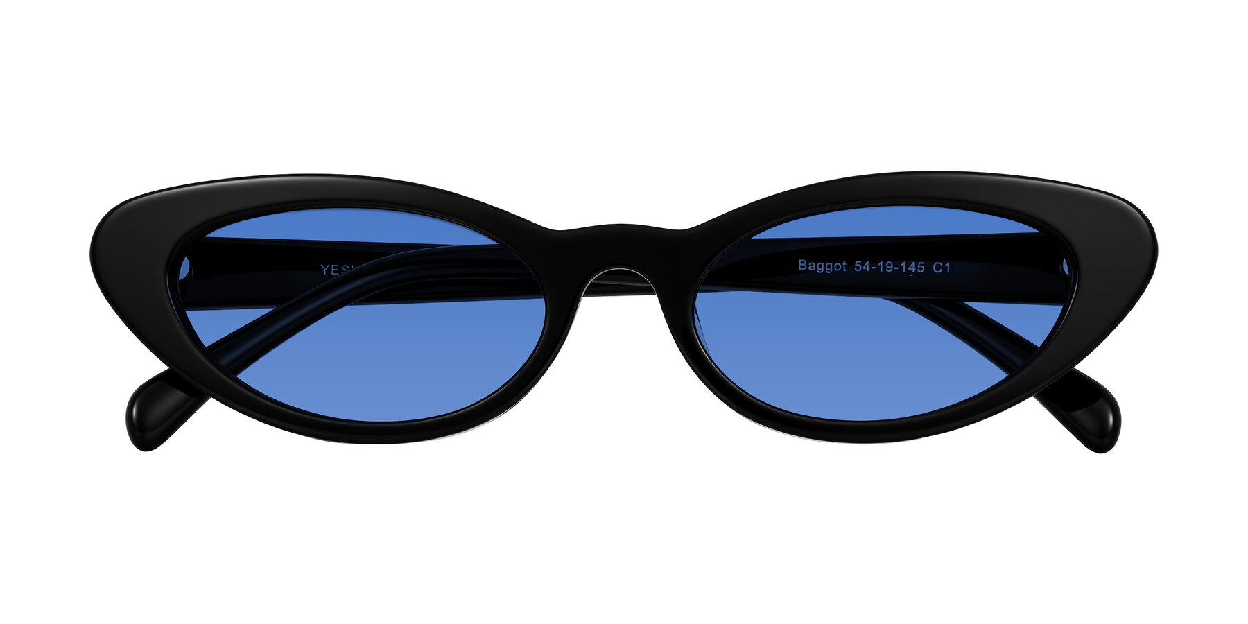 Folded Front of Baggot in Black with Blue Tinted Lenses