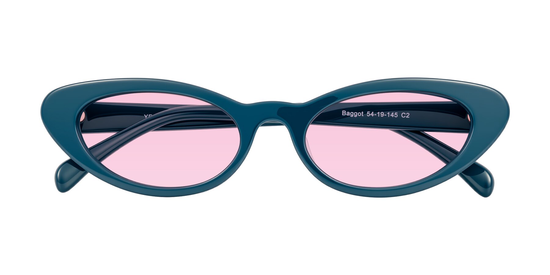 Folded Front of Baggot in Peacock Blue with Light Pink Tinted Lenses