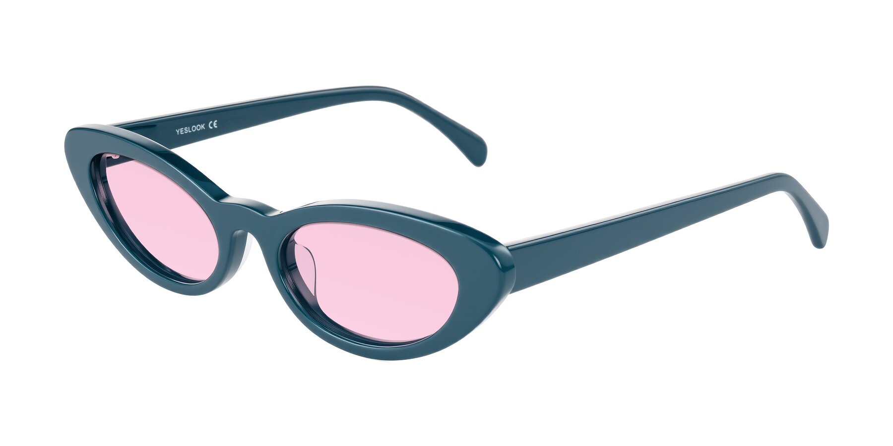 Angle of Baggot in Peacock Blue with Light Pink Tinted Lenses