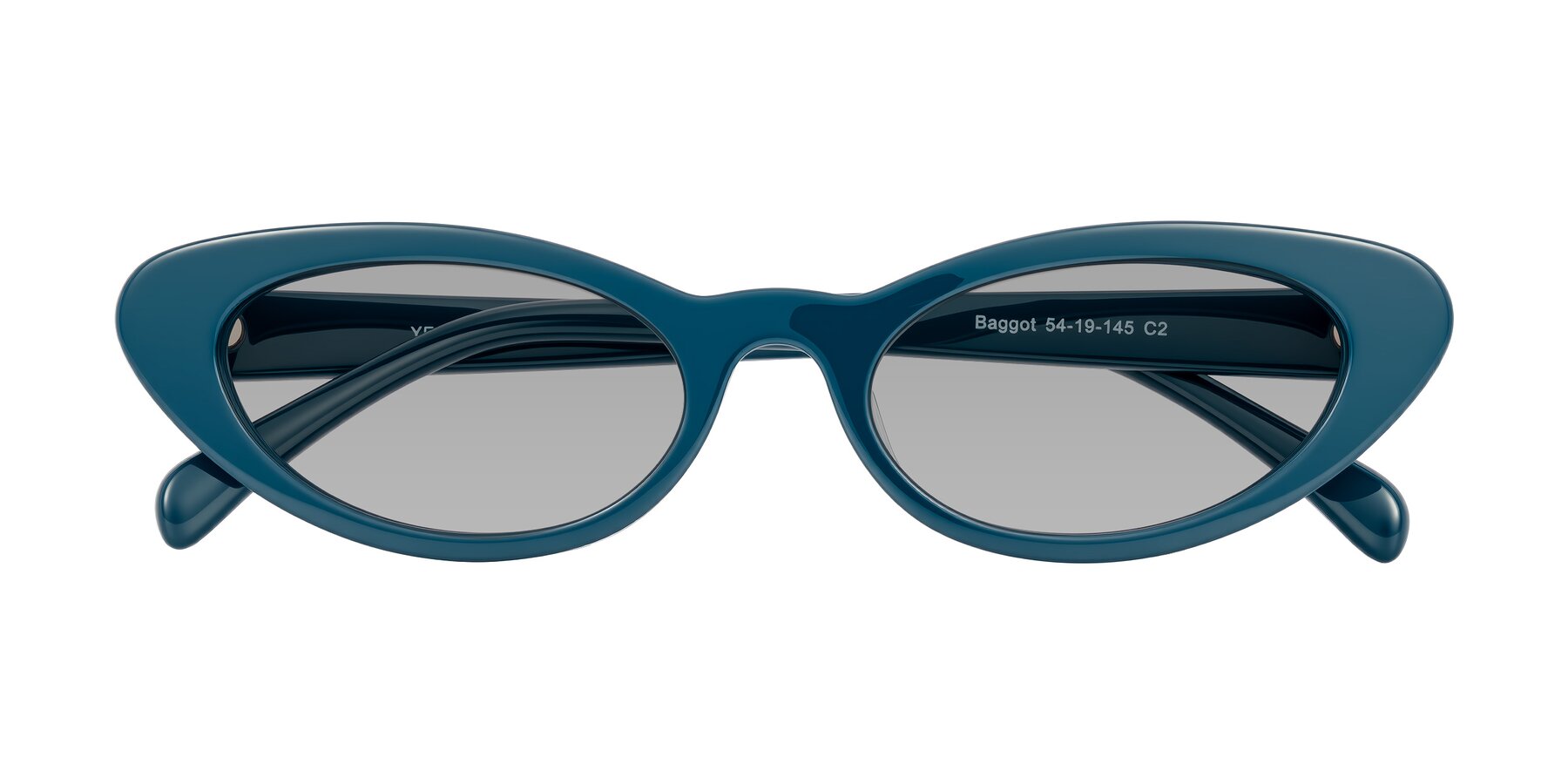 Folded Front of Baggot in Peacock Blue with Light Gray Tinted Lenses