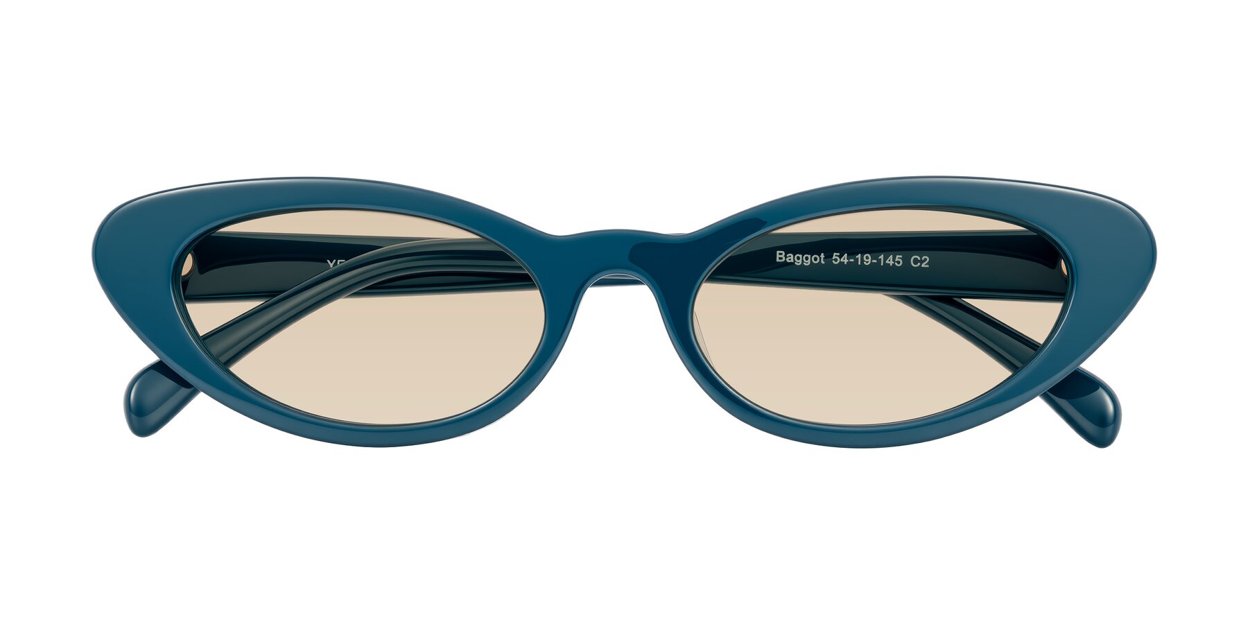 Folded Front of Baggot in Peacock Blue with Light Brown Tinted Lenses