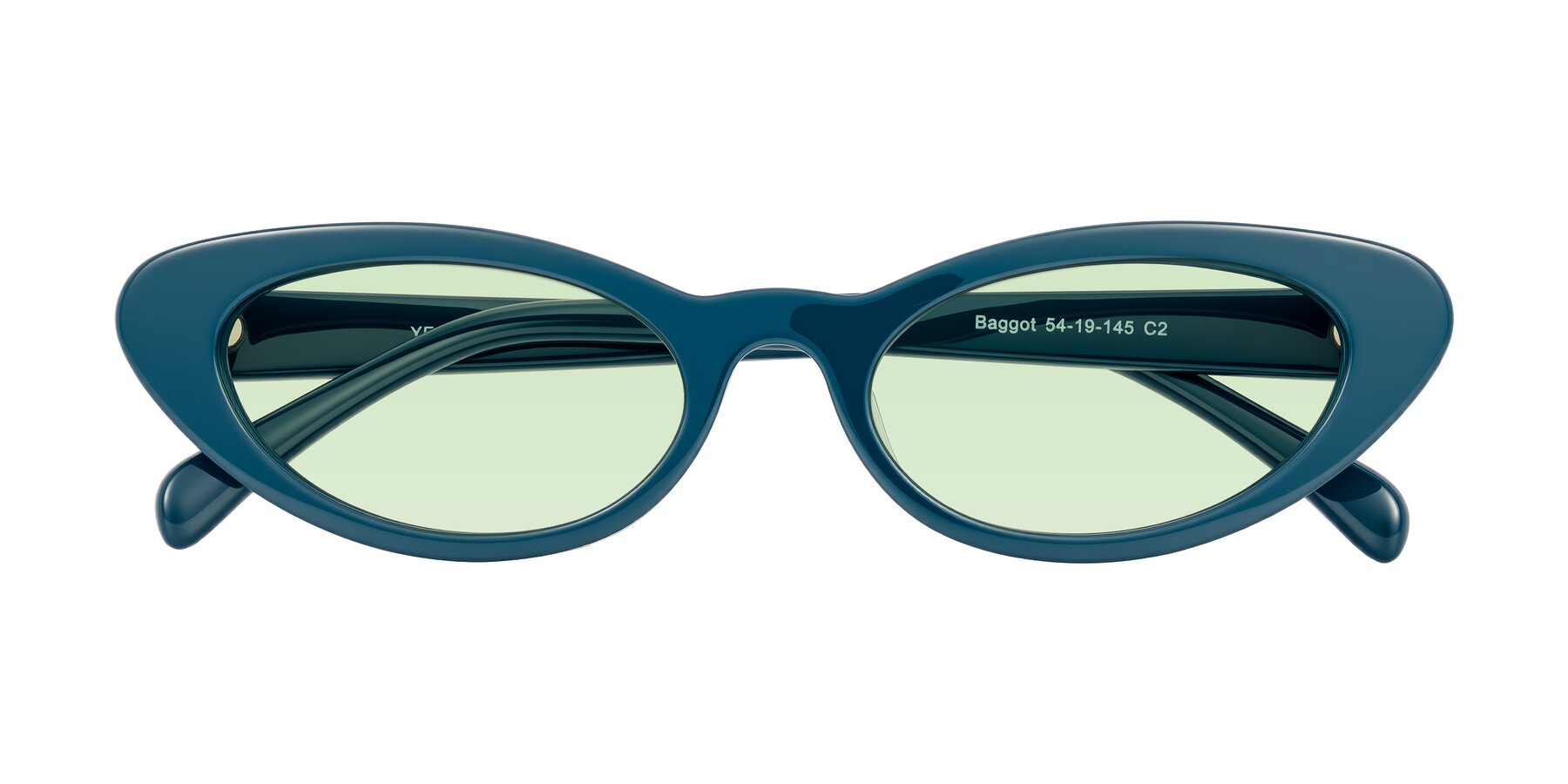 Folded Front of Baggot in Peacock Blue with Light Green Tinted Lenses
