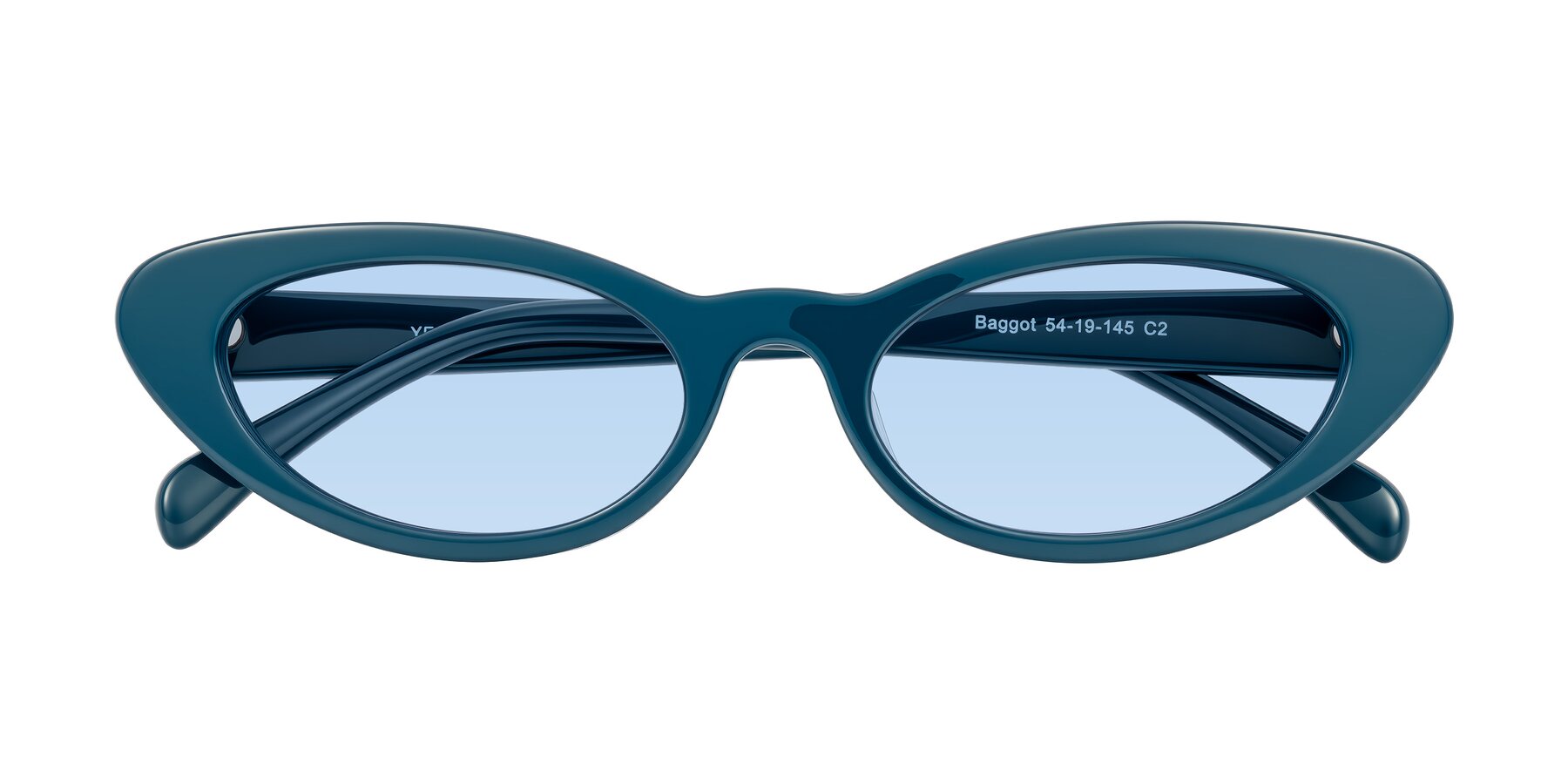 Folded Front of Baggot in Peacock Blue with Light Blue Tinted Lenses