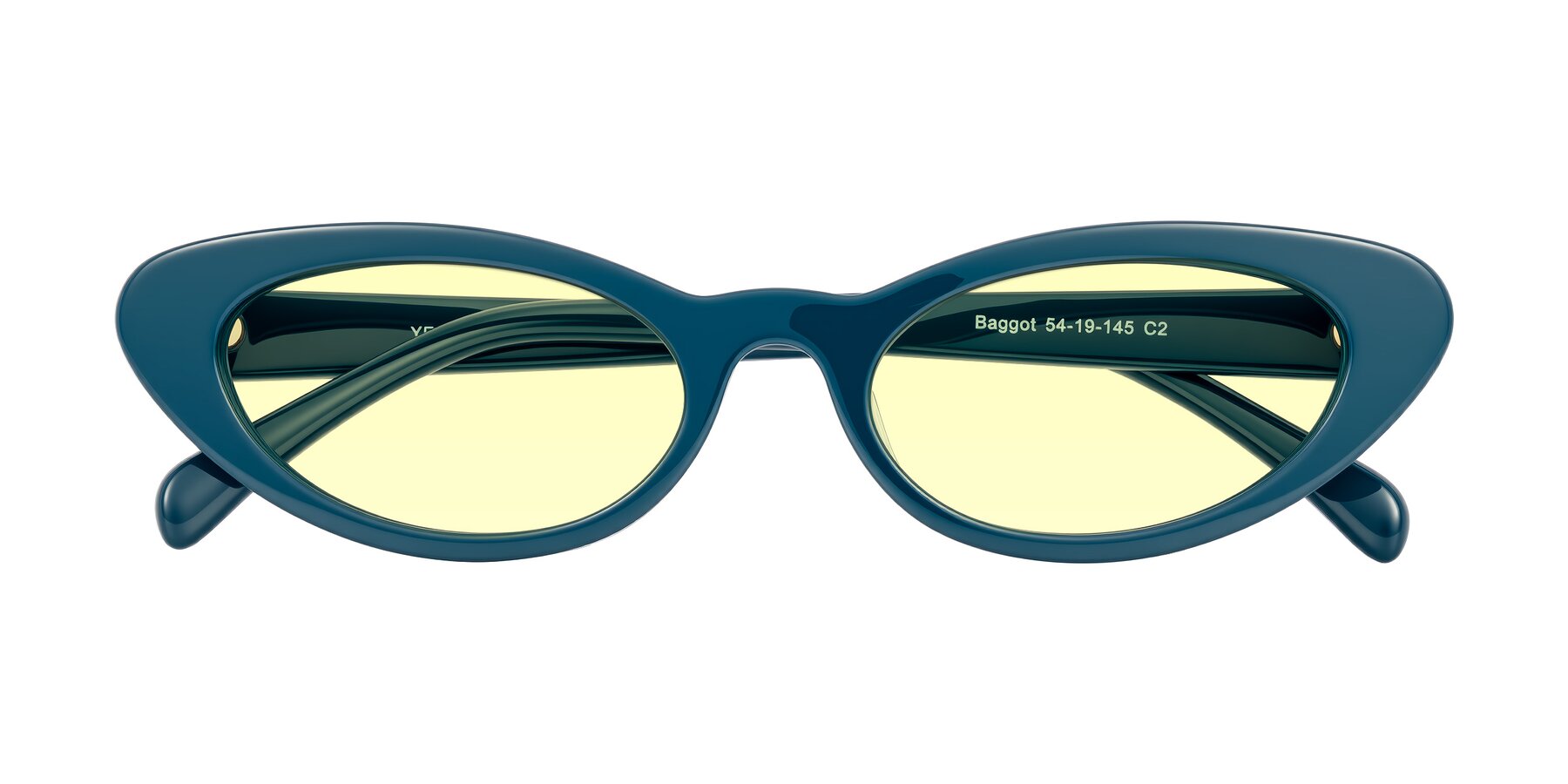Folded Front of Baggot in Peacock Blue with Light Yellow Tinted Lenses