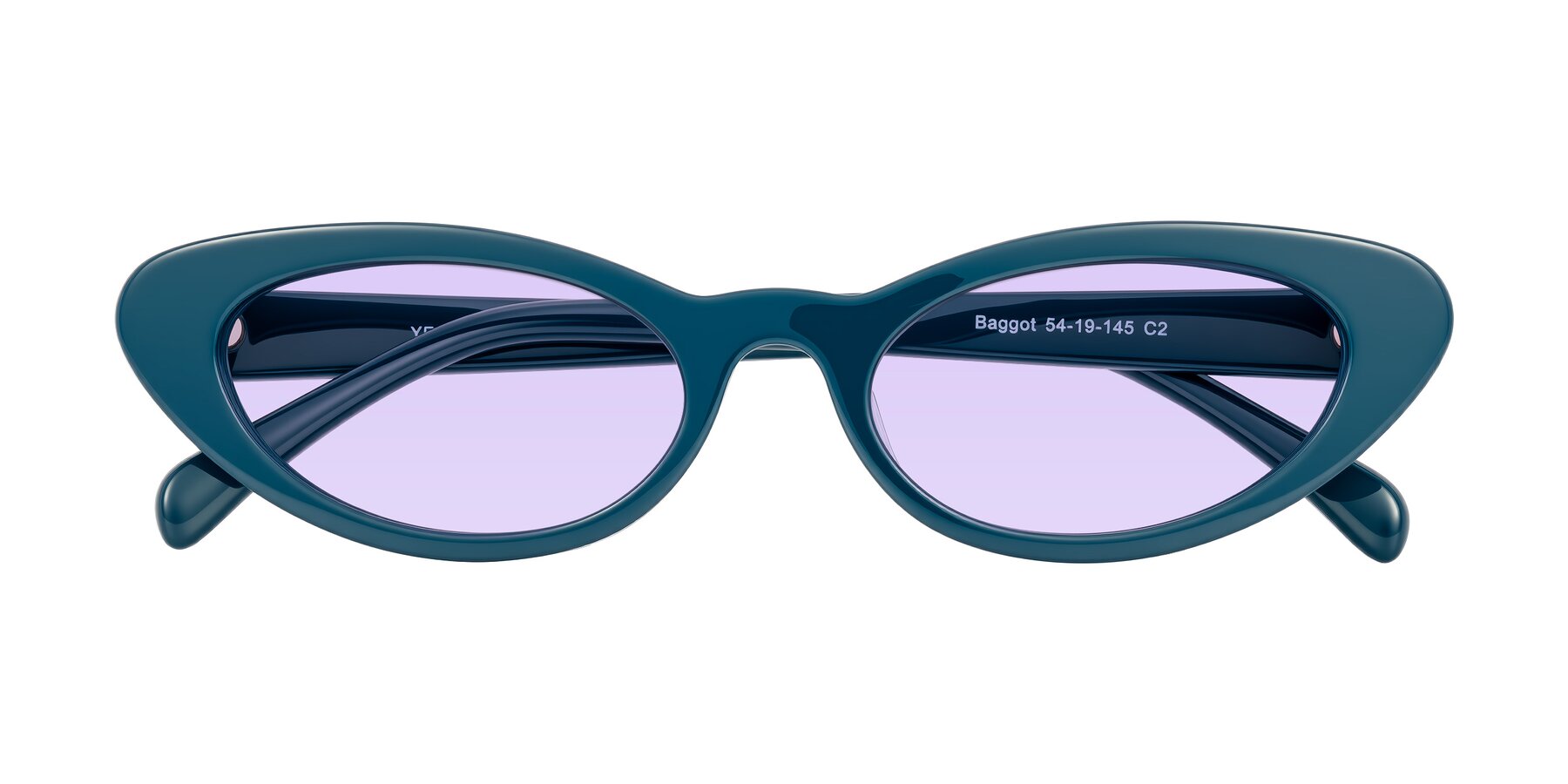 Folded Front of Baggot in Peacock Blue with Light Purple Tinted Lenses
