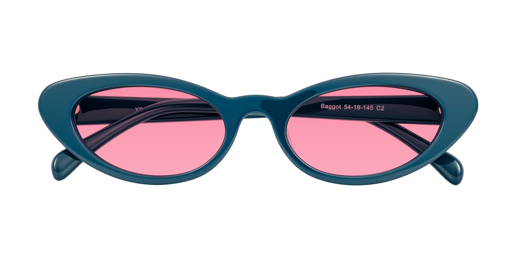 Folded Front of Baggot in Peacock Blue with Pink Tinted Lenses