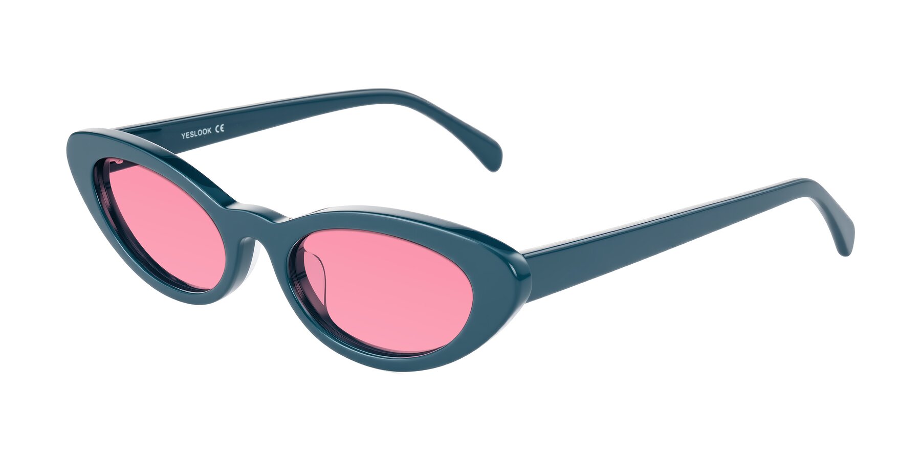 Angle of Baggot in Peacock Blue with Pink Tinted Lenses