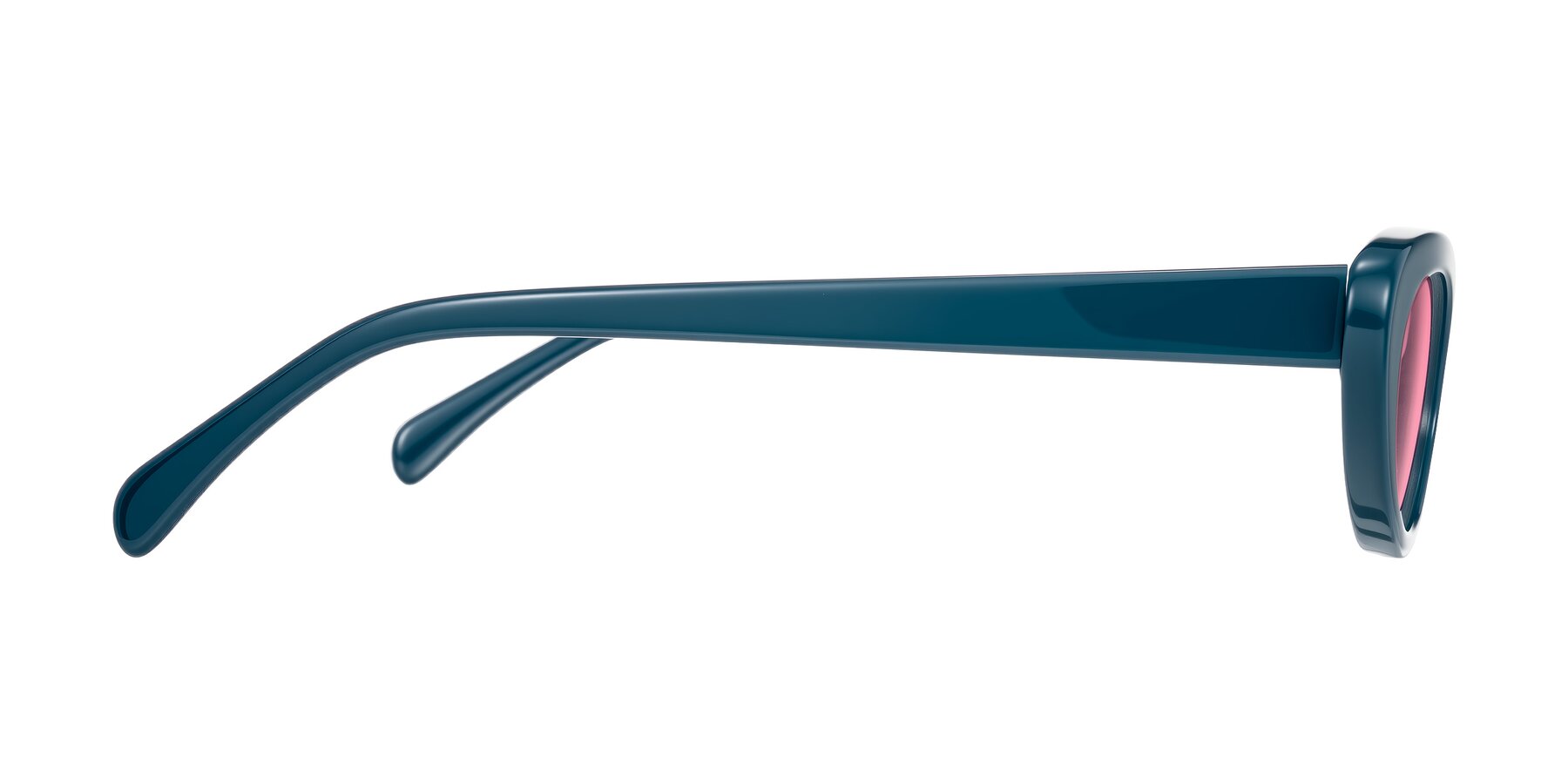 Side of Baggot in Peacock Blue with Pink Tinted Lenses