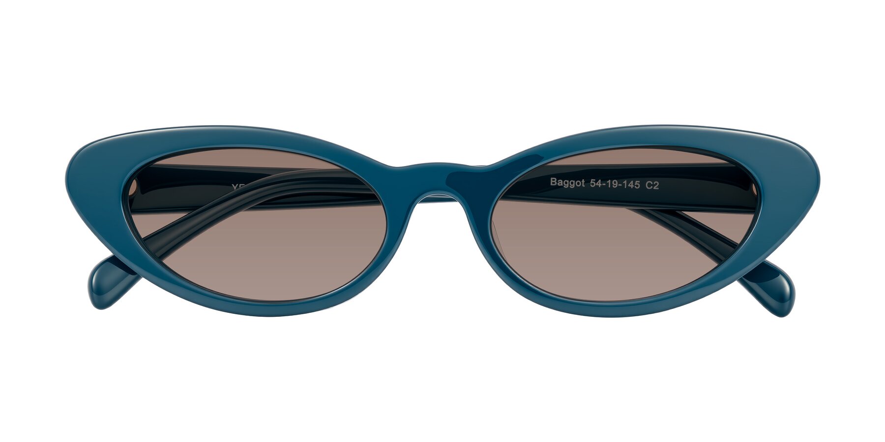 Folded Front of Baggot in Peacock Blue with Medium Brown Tinted Lenses