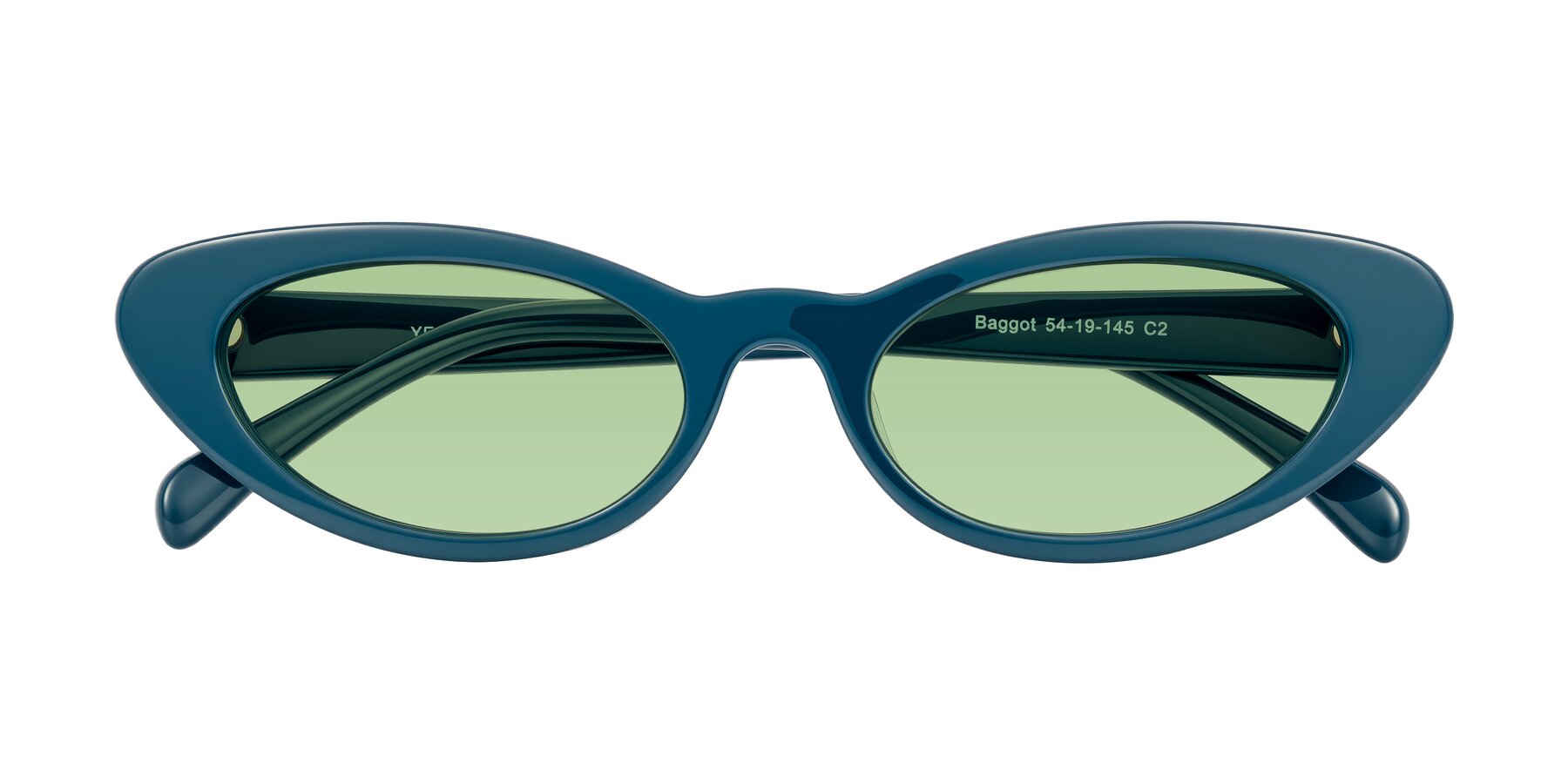 Folded Front of Baggot in Peacock Blue with Medium Green Tinted Lenses