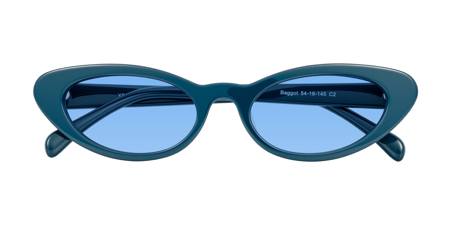 Folded Front of Baggot in Peacock Blue with Medium Blue Tinted Lenses