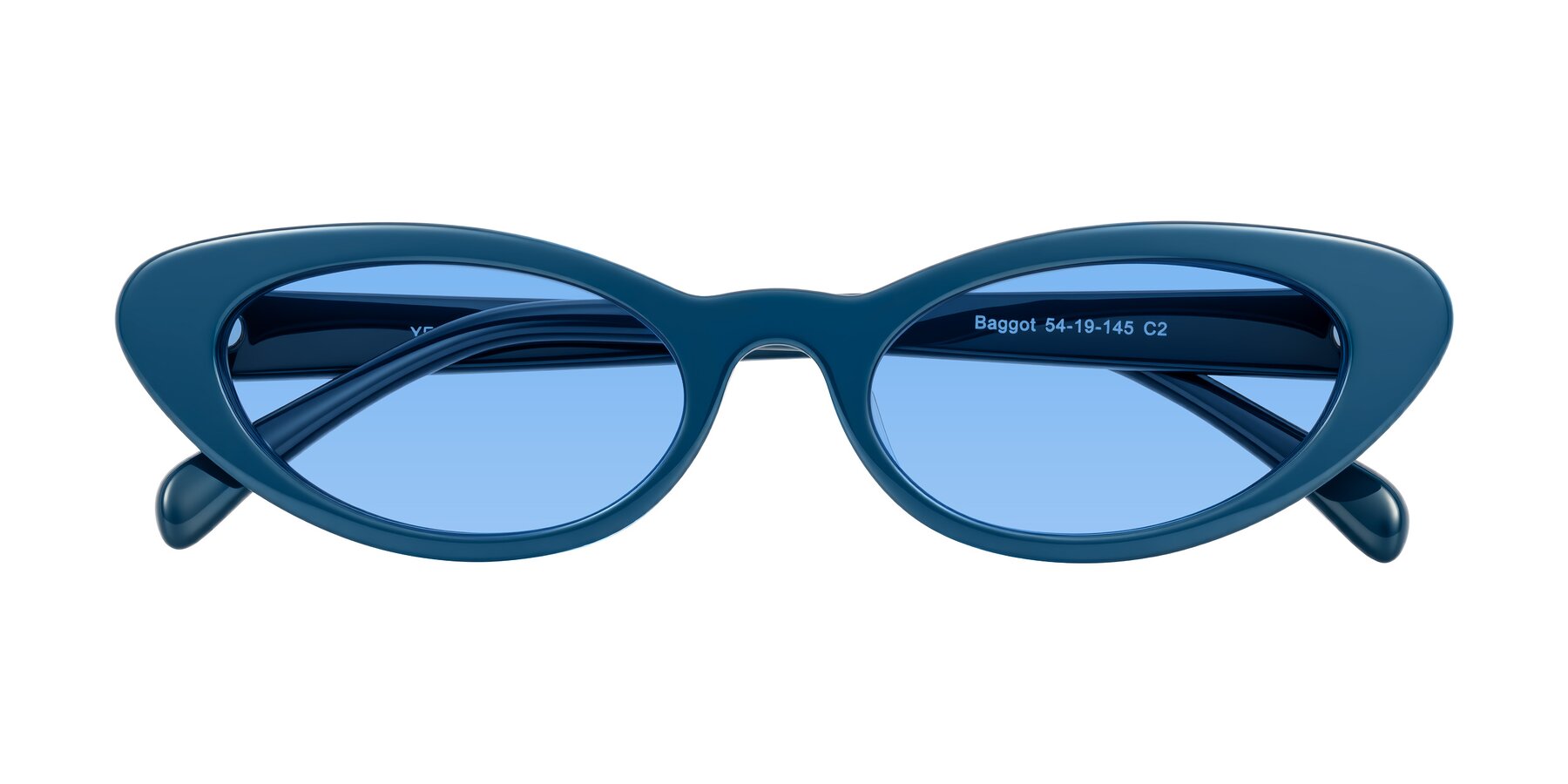 Folded Front of Baggot in Yale Blue with Medium Blue Tinted Lenses