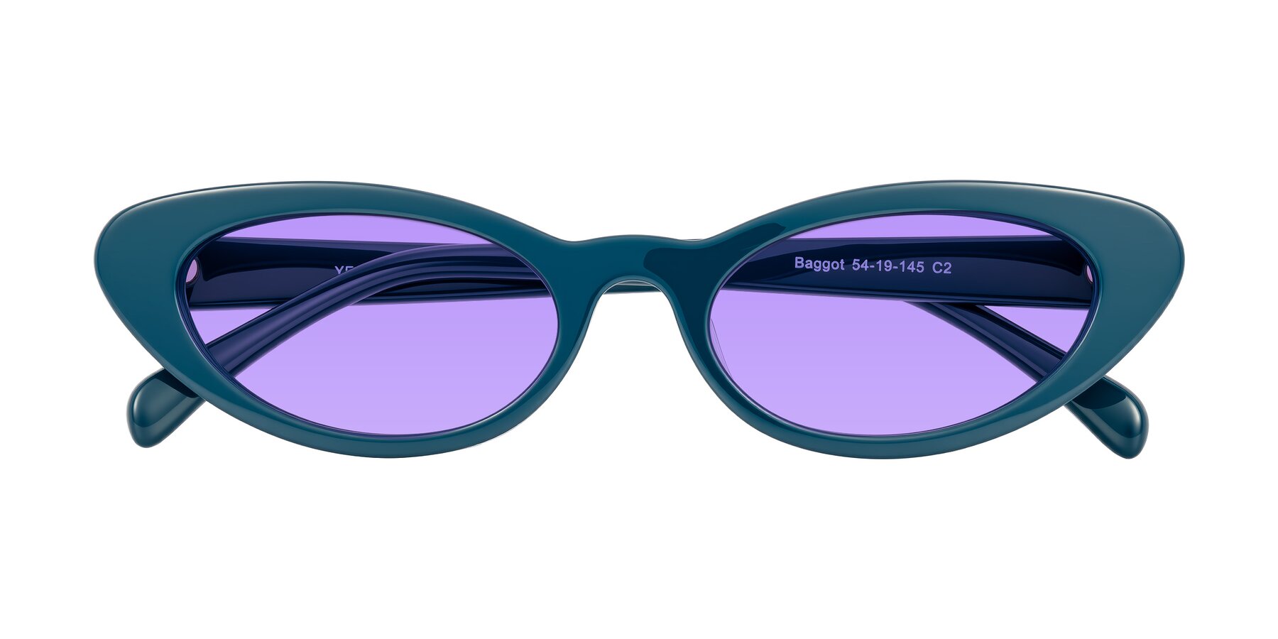 Folded Front of Baggot in Peacock Blue with Medium Purple Tinted Lenses