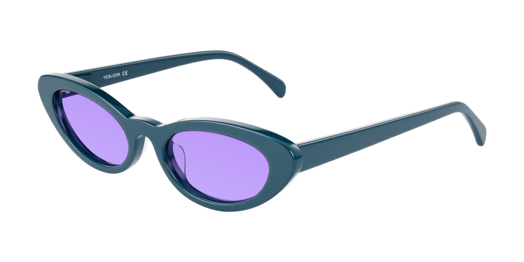 Angle of Baggot in Peacock Blue with Medium Purple Tinted Lenses