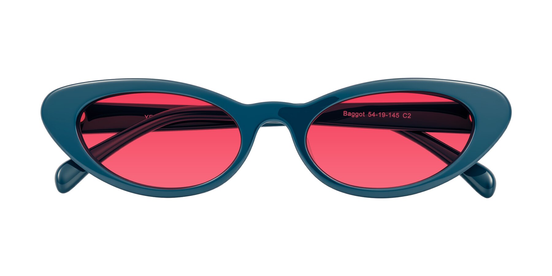 Folded Front of Baggot in Peacock Blue with Red Tinted Lenses