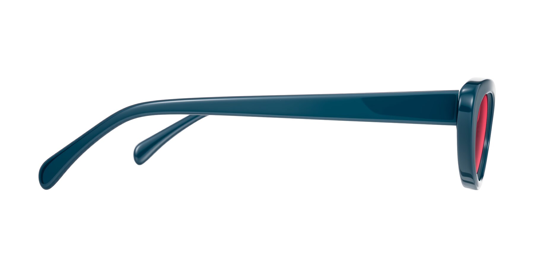 Side of Baggot in Peacock Blue with Red Tinted Lenses