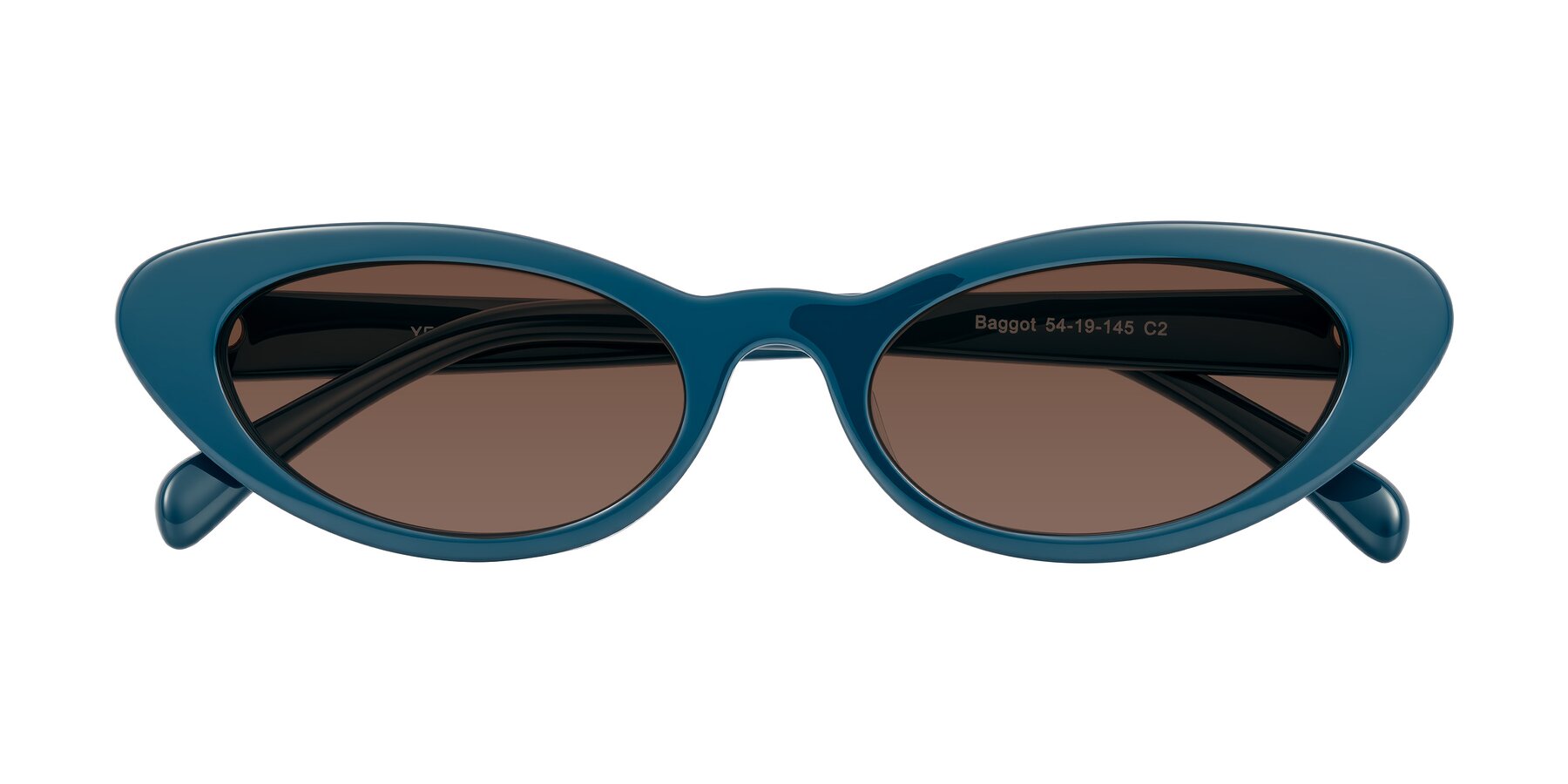 Folded Front of Baggot in Peacock Blue with Brown Tinted Lenses