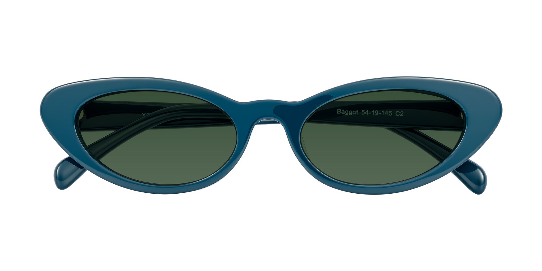 Folded Front of Baggot in Peacock Blue with Green Tinted Lenses