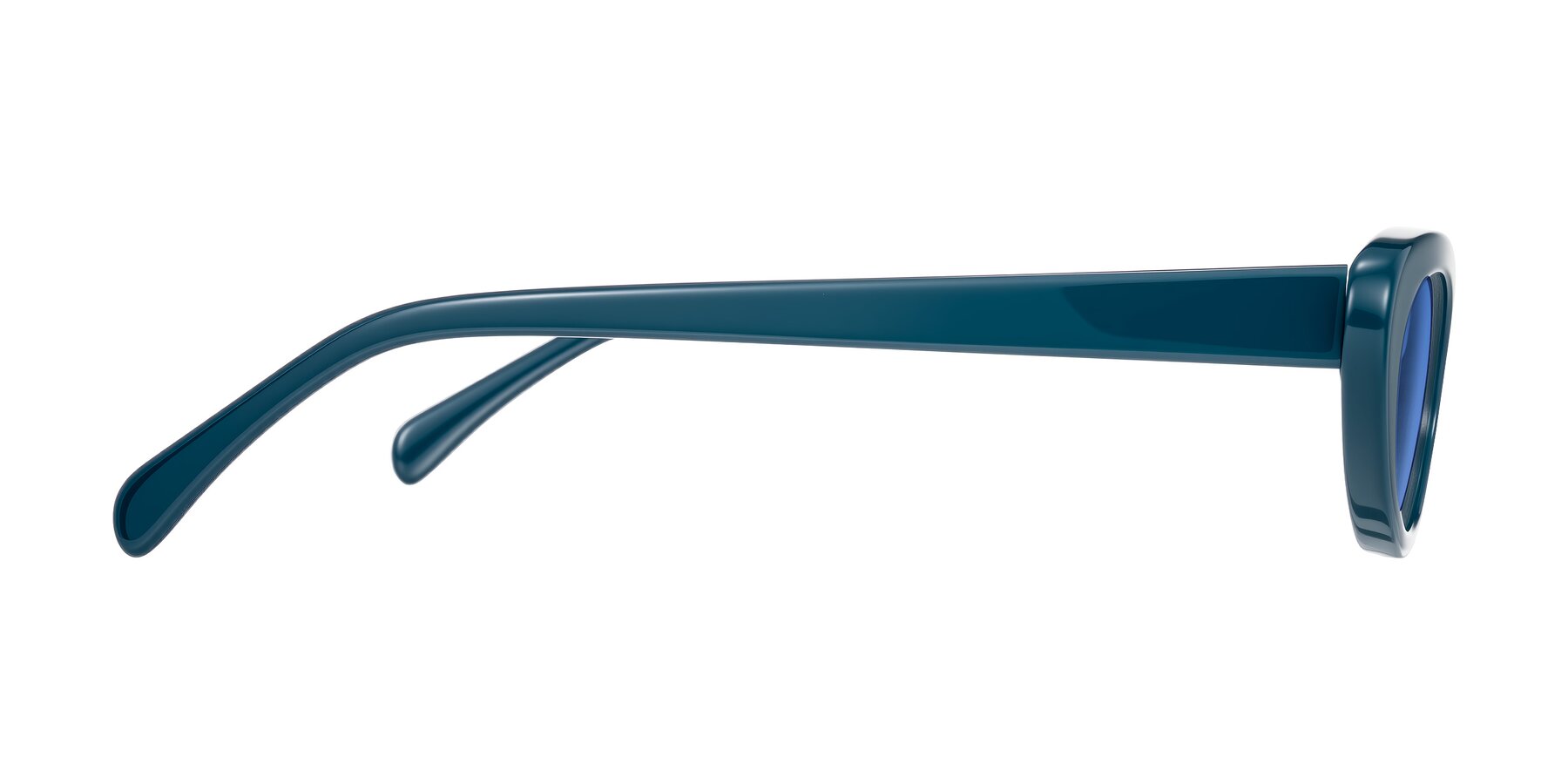 Side of Baggot in Peacock Blue with Blue Tinted Lenses