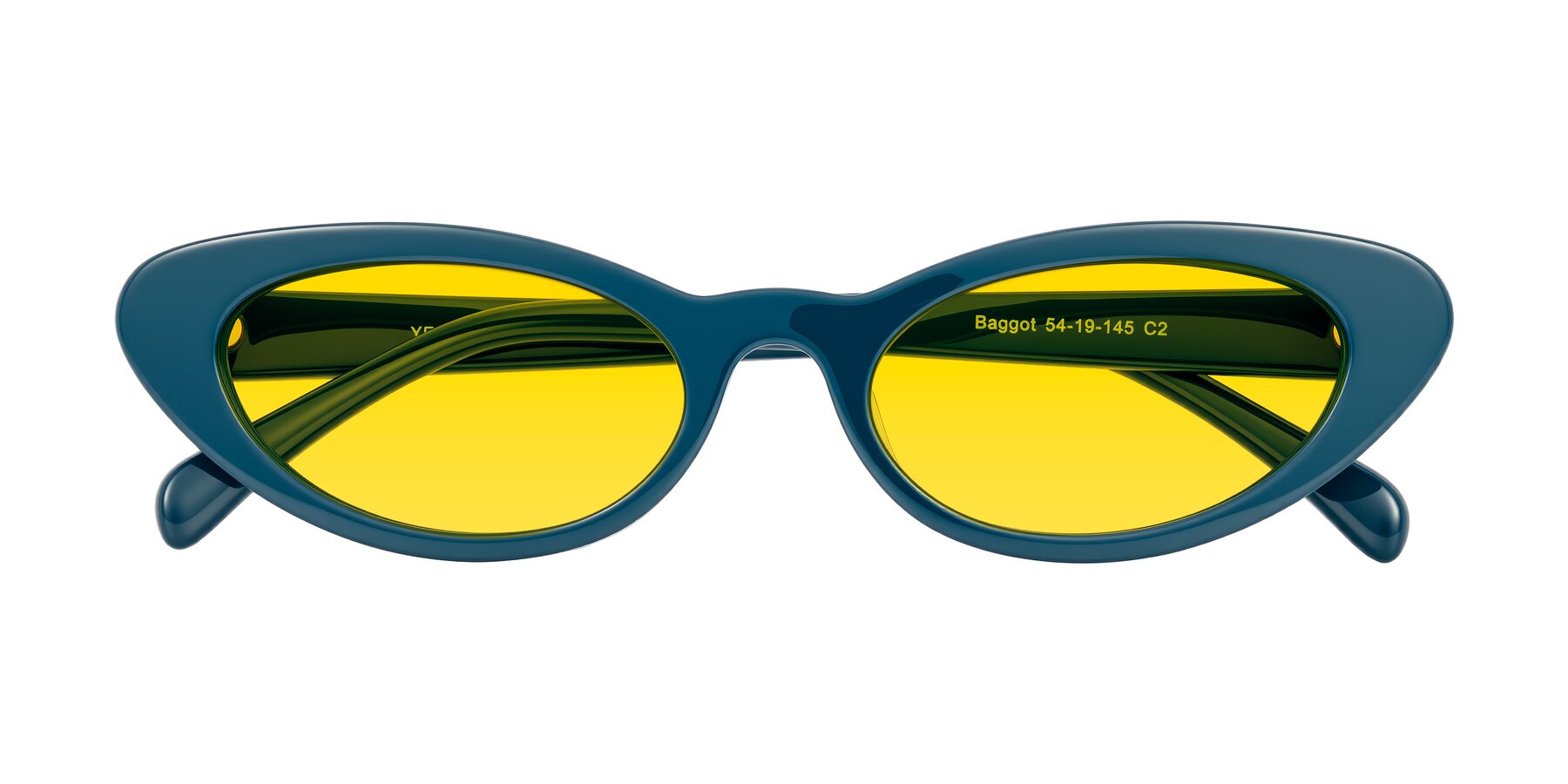Folded Front of Baggot in Peacock Blue with Yellow Tinted Lenses