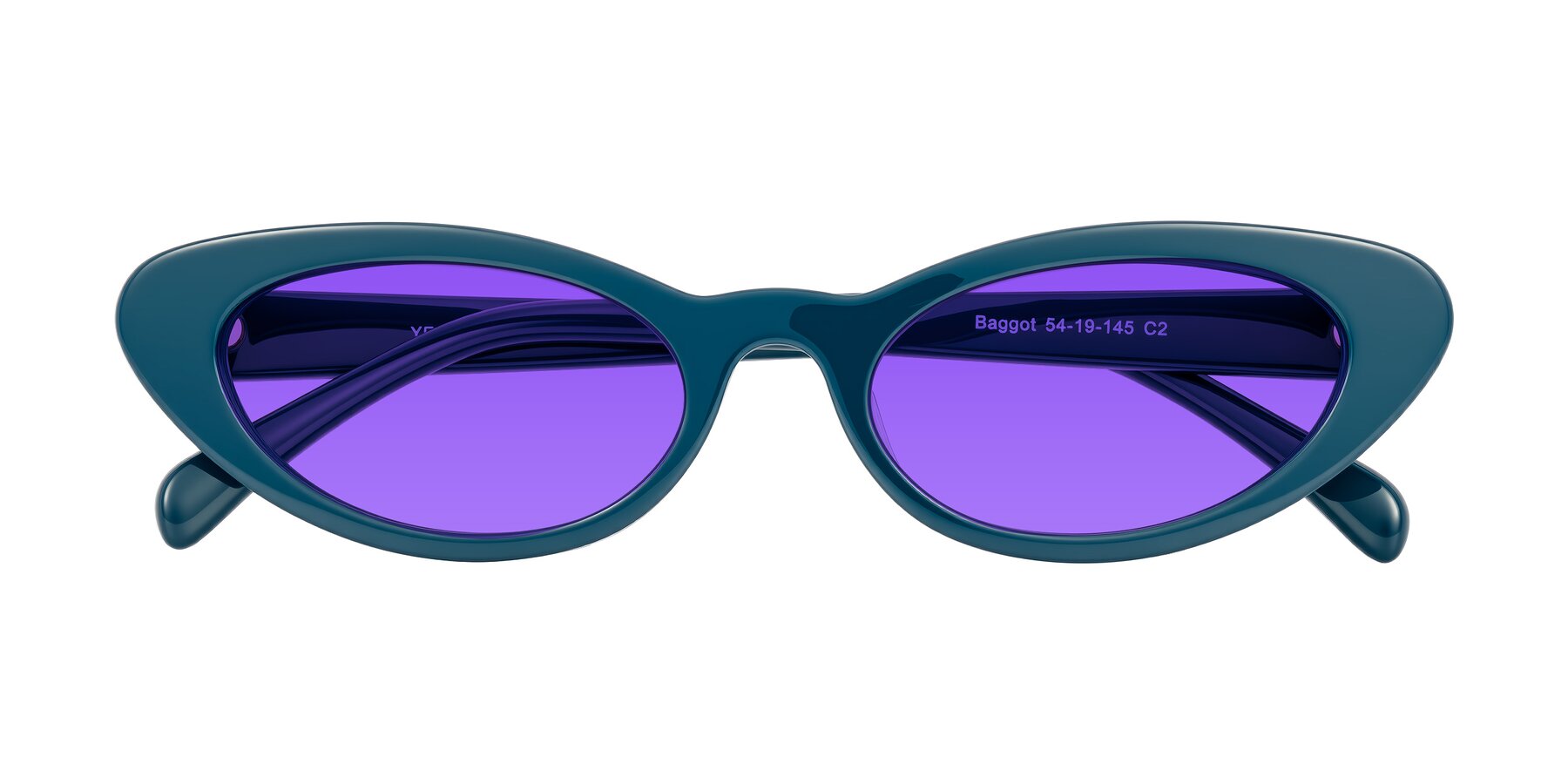 Folded Front of Baggot in Peacock Blue with Purple Tinted Lenses