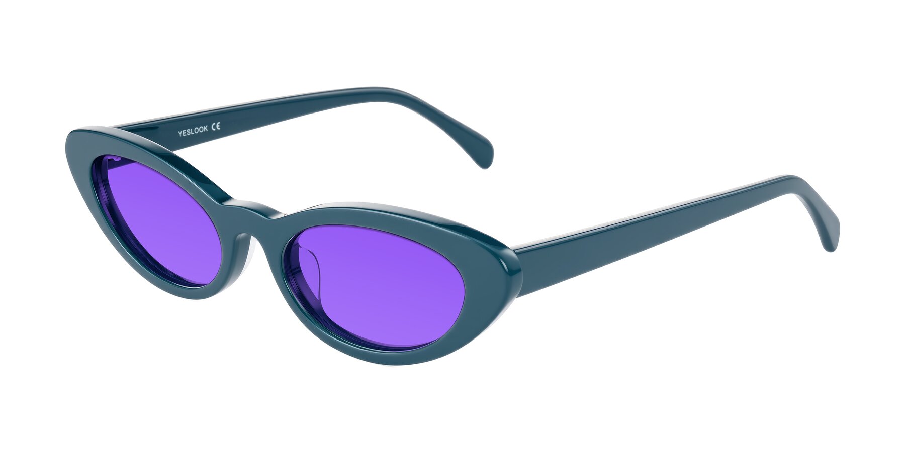 Angle of Baggot in Peacock Blue with Purple Tinted Lenses