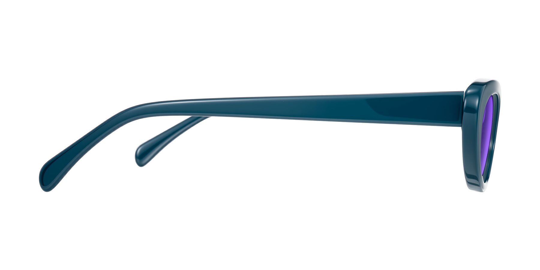 Side of Baggot in Peacock Blue with Purple Tinted Lenses