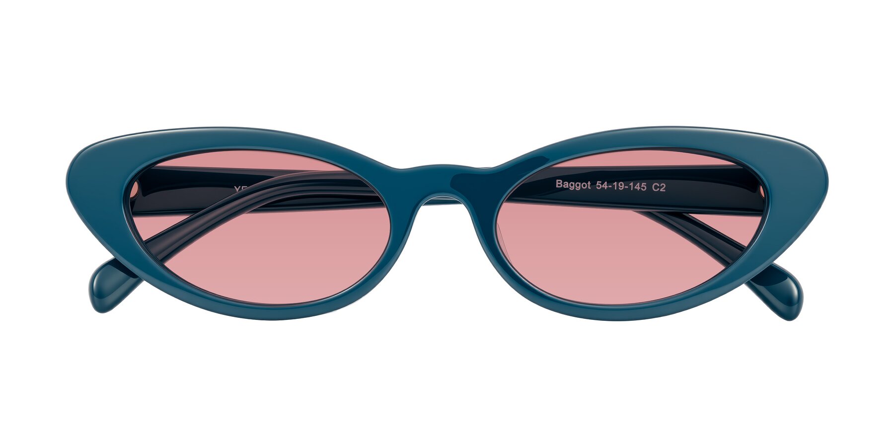 Folded Front of Baggot in Peacock Blue with Medium Garnet Tinted Lenses