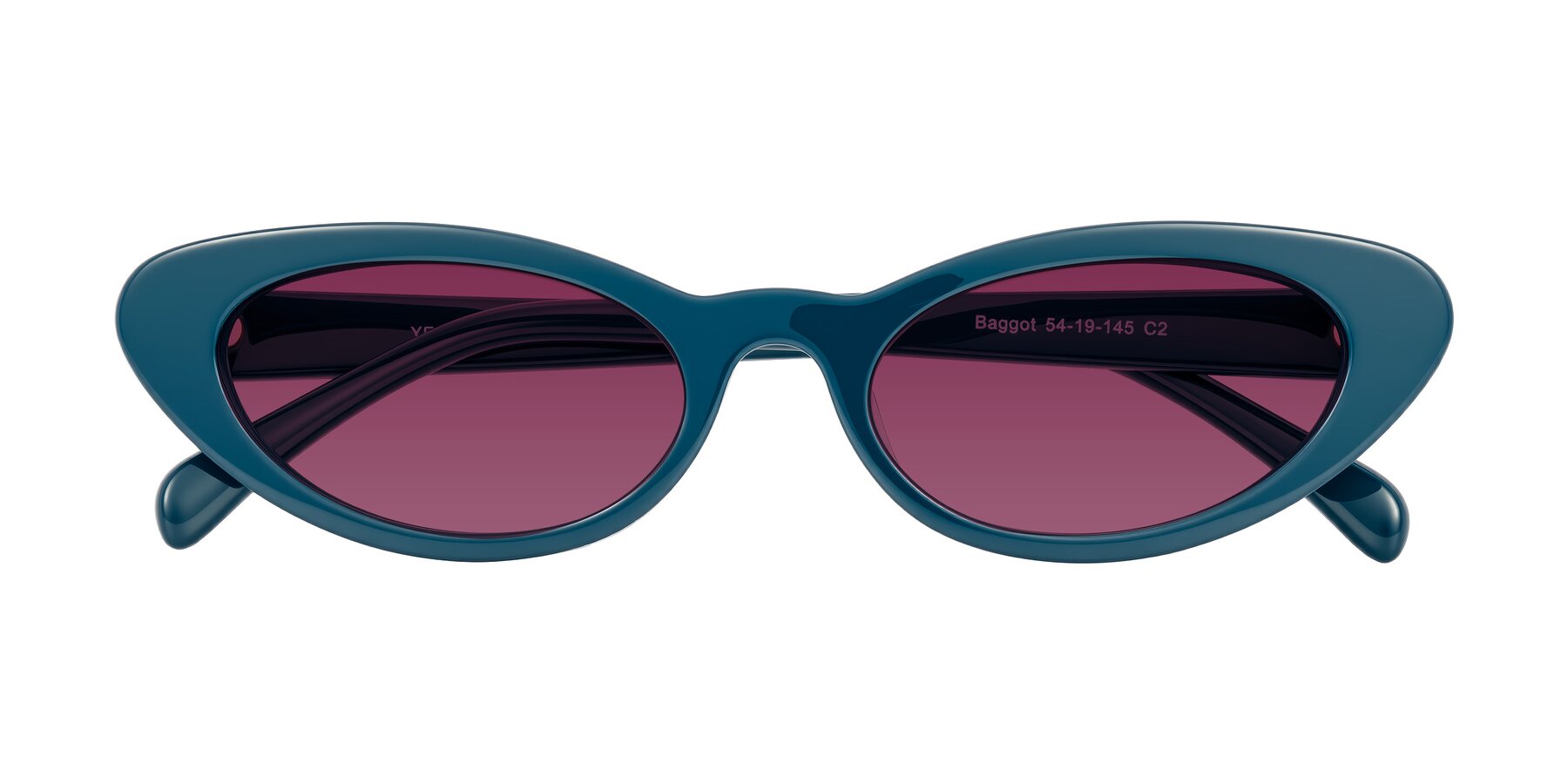 Folded Front of Baggot in Peacock Blue with Wine Tinted Lenses