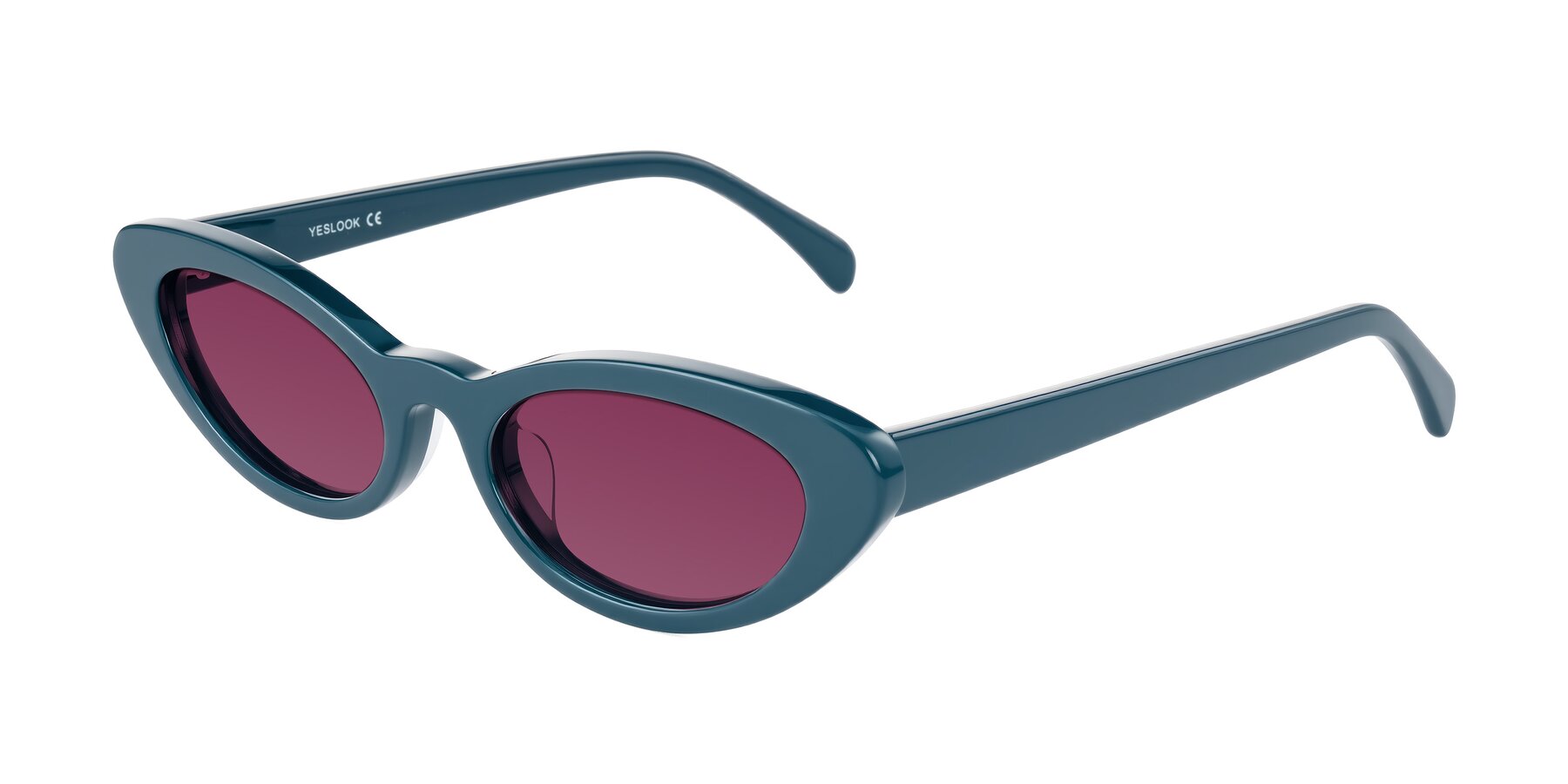 Angle of Baggot in Peacock Blue with Wine Tinted Lenses