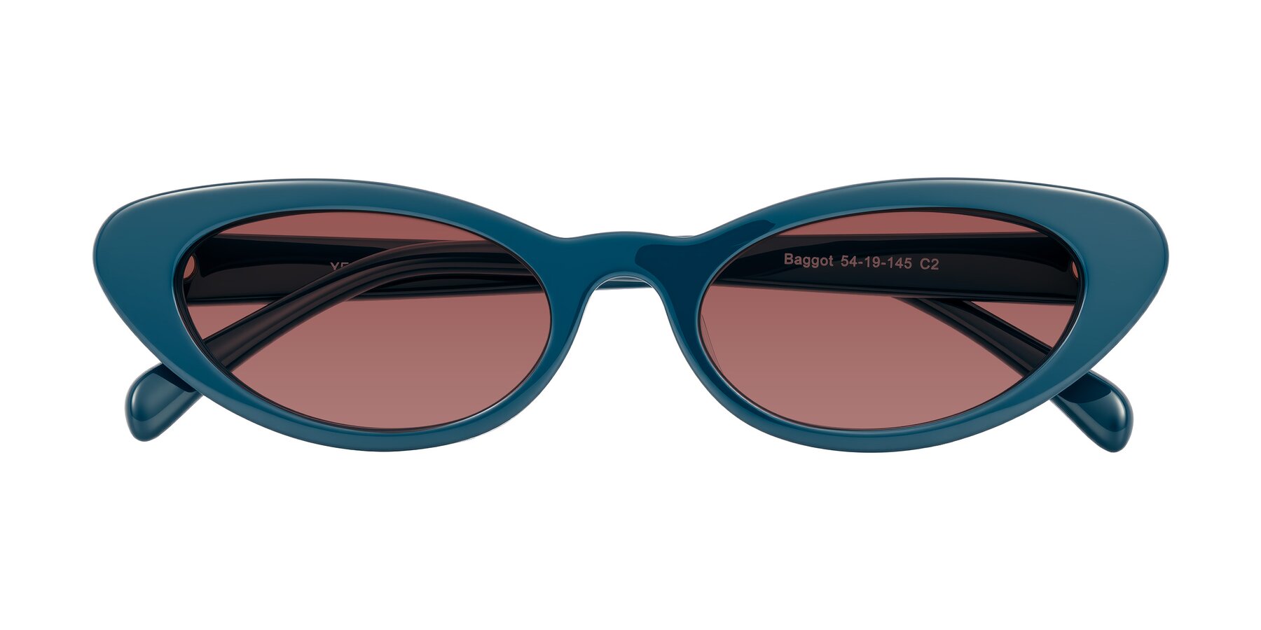 Folded Front of Baggot in Peacock Blue with Garnet Tinted Lenses