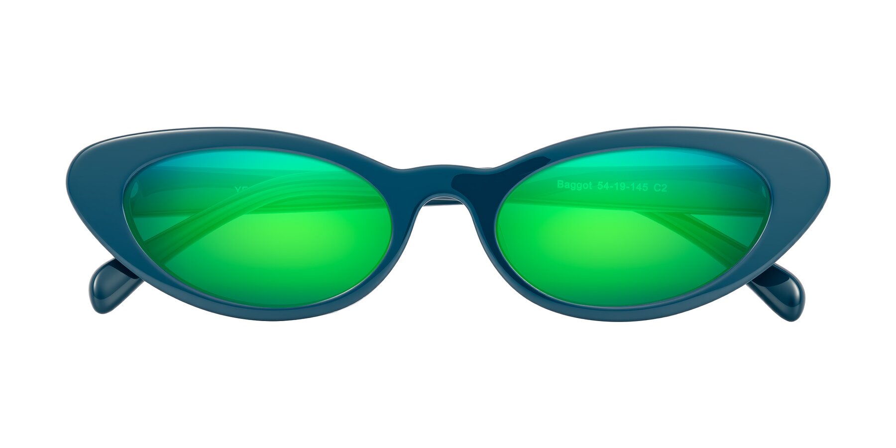 Folded Front of Baggot in Peacock Blue with Green Mirrored Lenses