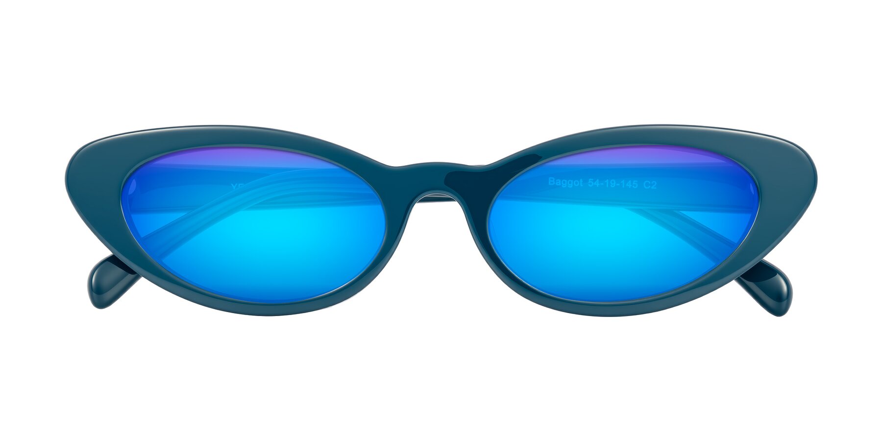 Folded Front of Baggot in Peacock Blue with Blue Mirrored Lenses