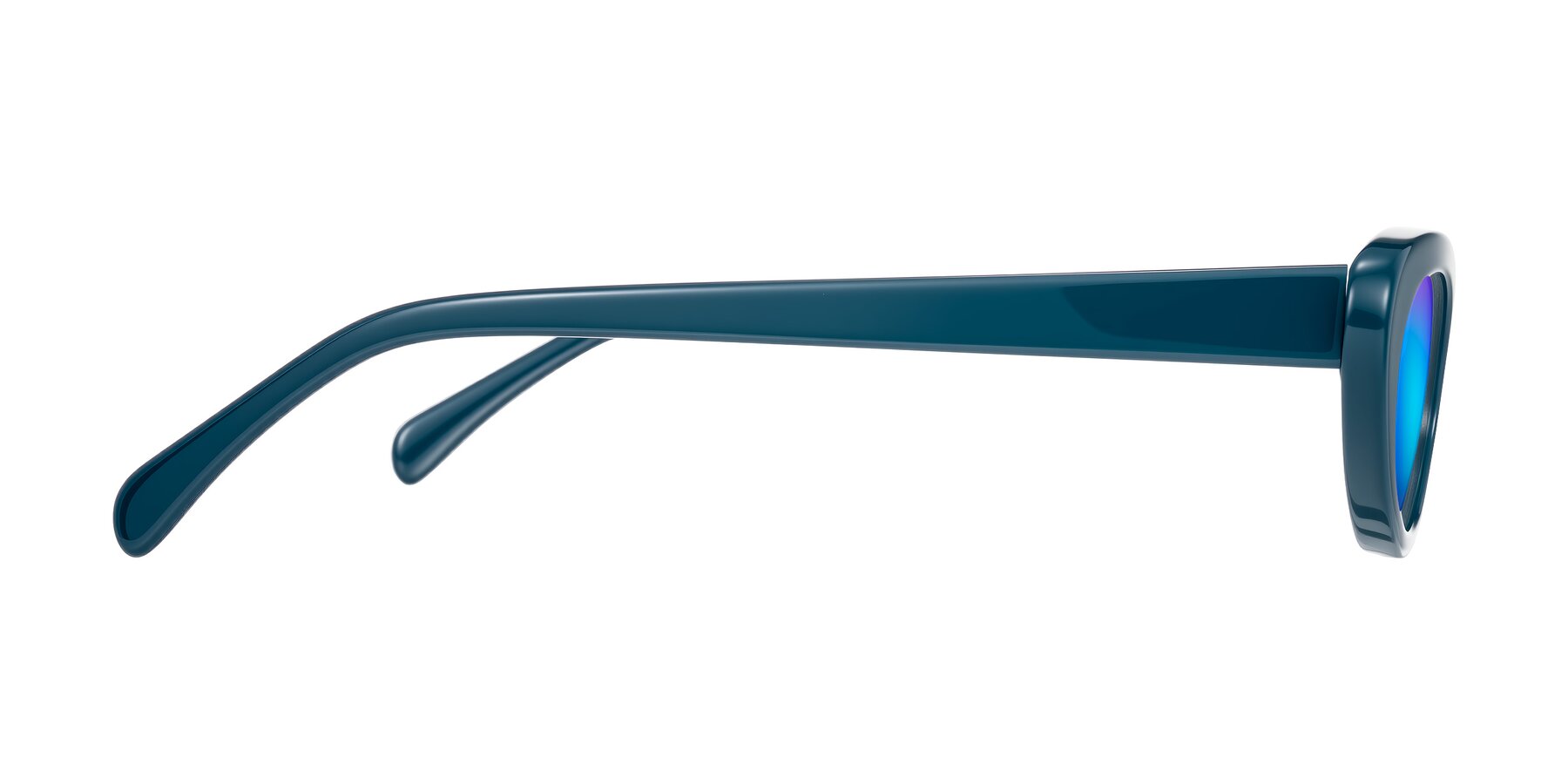 Side of Baggot in Peacock Blue with Blue Mirrored Lenses