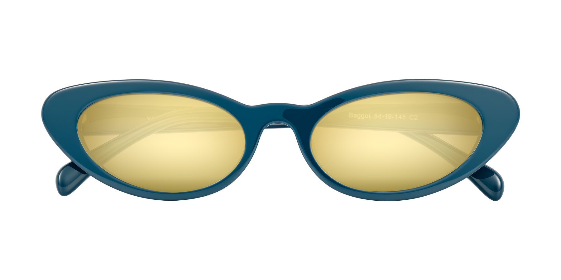 Folded Front of Baggot in Peacock Blue with Gold Mirrored Lenses