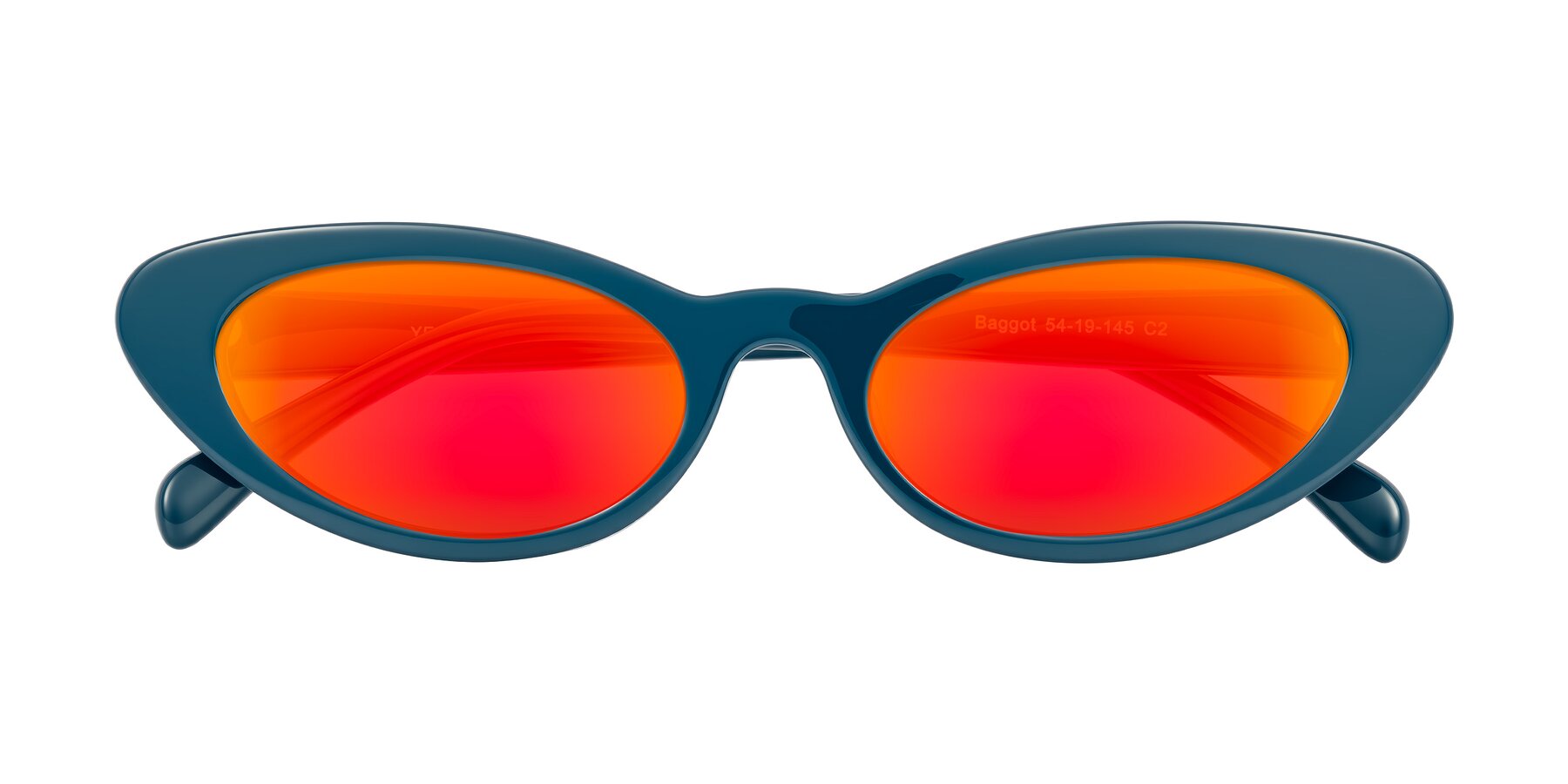 Folded Front of Baggot in Peacock Blue with Red Gold Mirrored Lenses