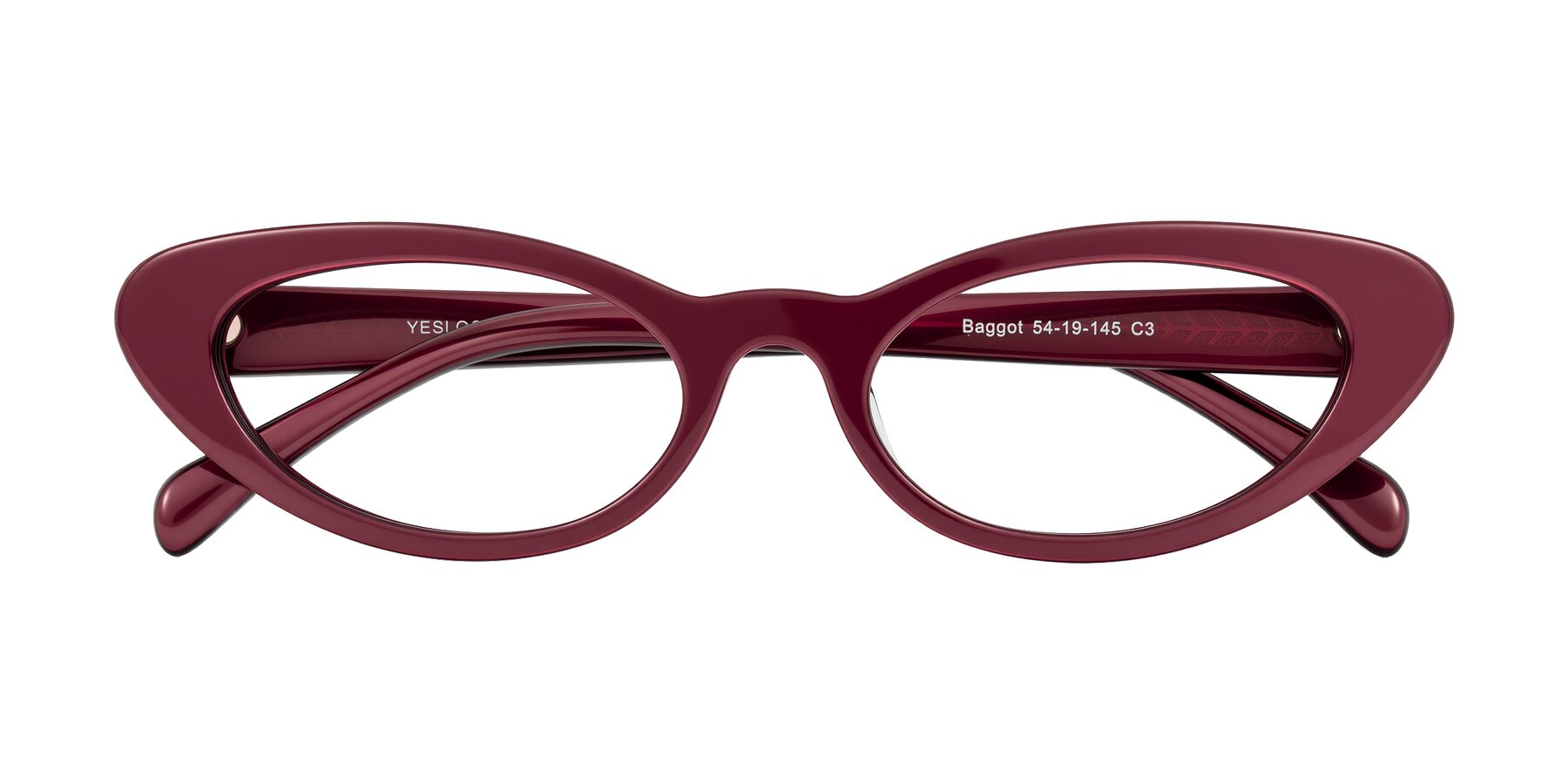Folded Front of Baggot in Pearlescent Burgundy with Clear Eyeglass Lenses