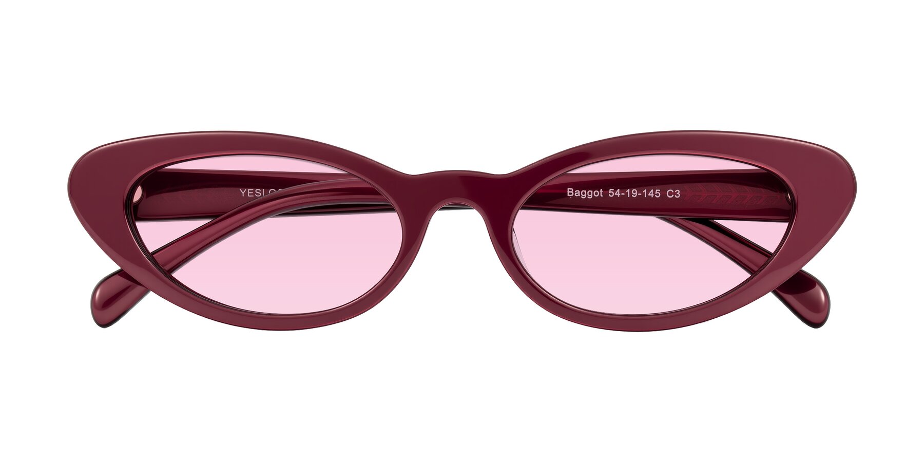 Folded Front of Baggot in Pearlescent Burgundy with Light Pink Tinted Lenses