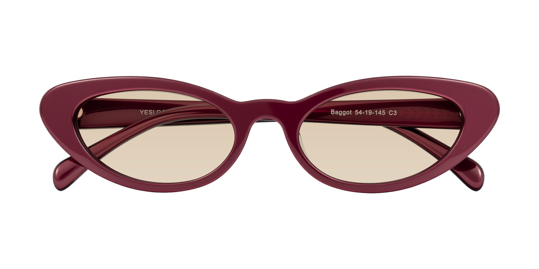Folded Front of Baggot in Pearlescent Burgundy with Light Brown Tinted Lenses