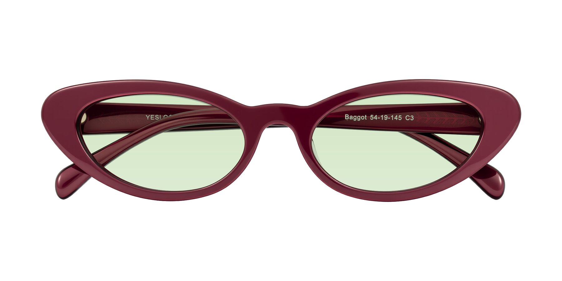 Folded Front of Baggot in Pearlescent Burgundy with Light Green Tinted Lenses