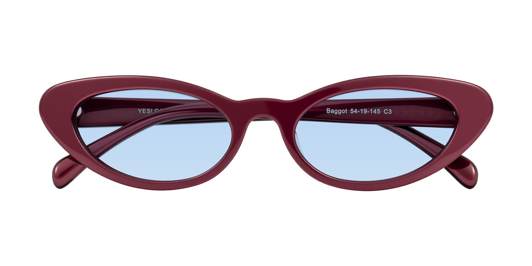 Folded Front of Baggot in Pearlescent Burgundy with Light Blue Tinted Lenses